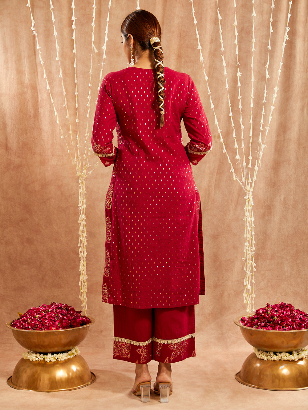 Maroon Lace work Cotton Lurex Suit - Set of 3