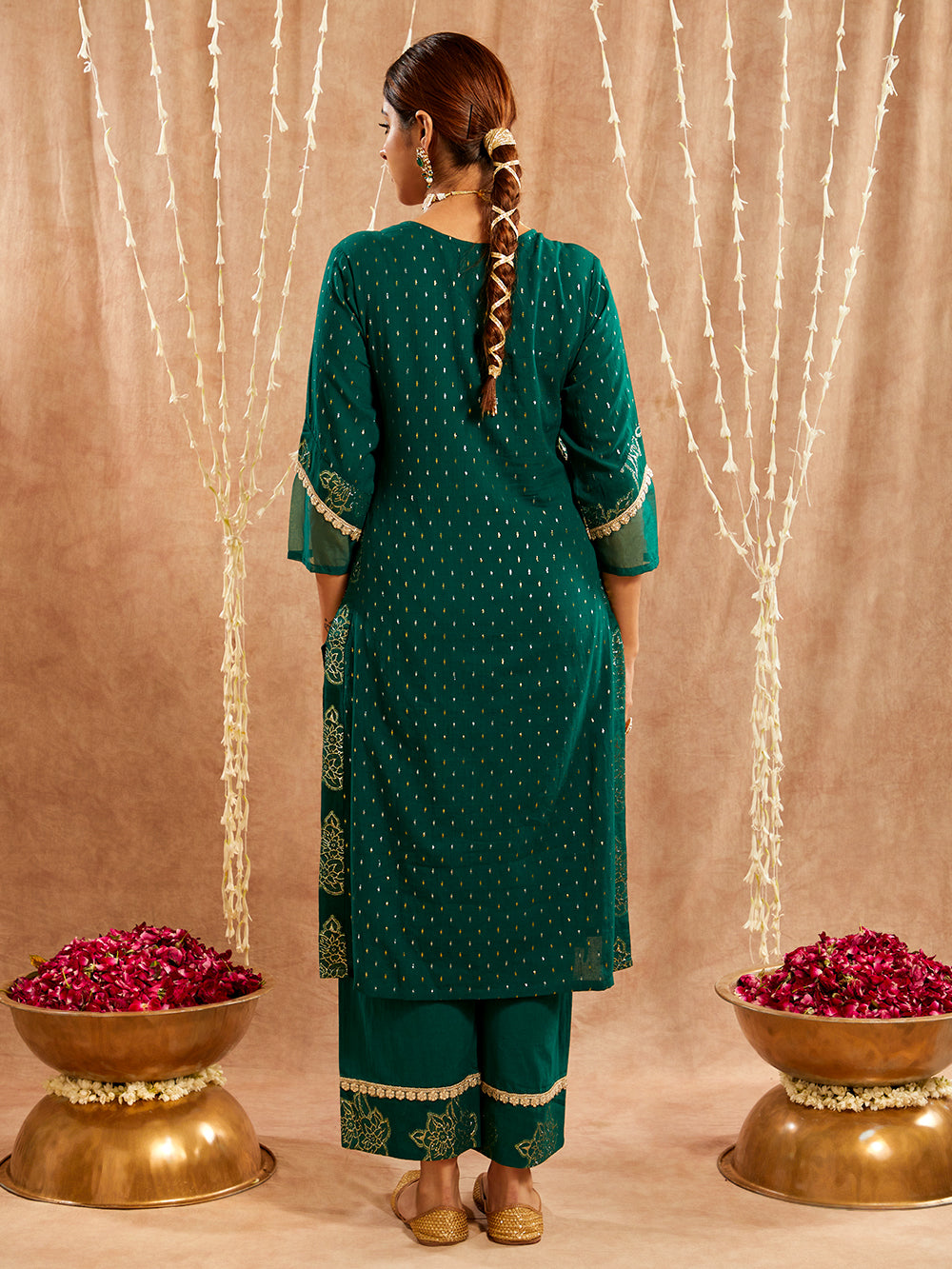 Dark Green Lace work Cotton Lurex Suit - Set of 3