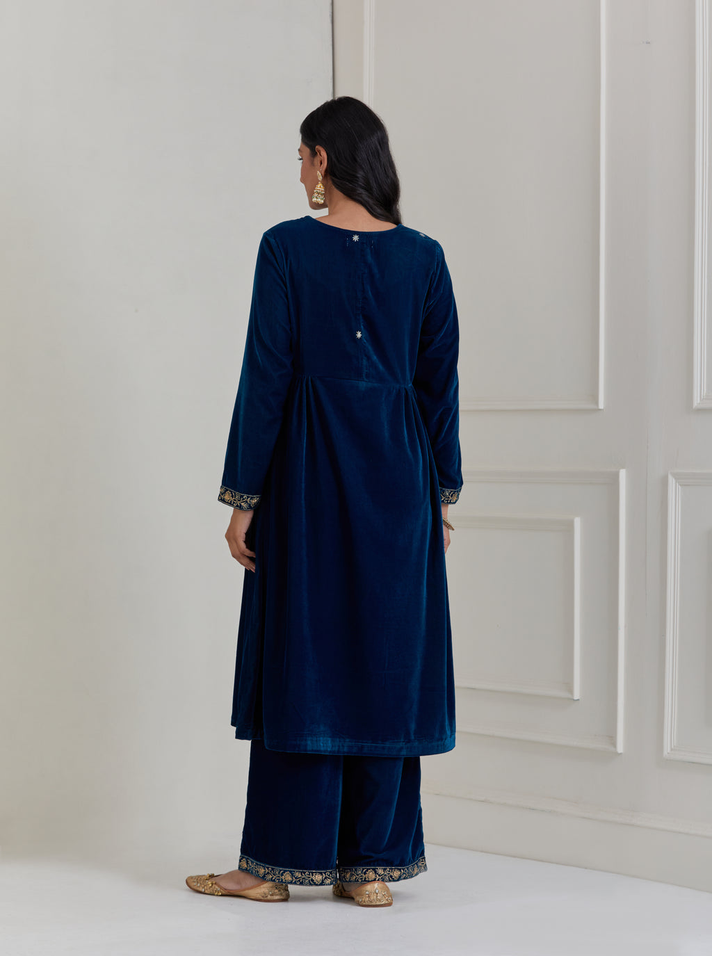 Blue Embroidered Velvet Anarkali Suit - Set of 3