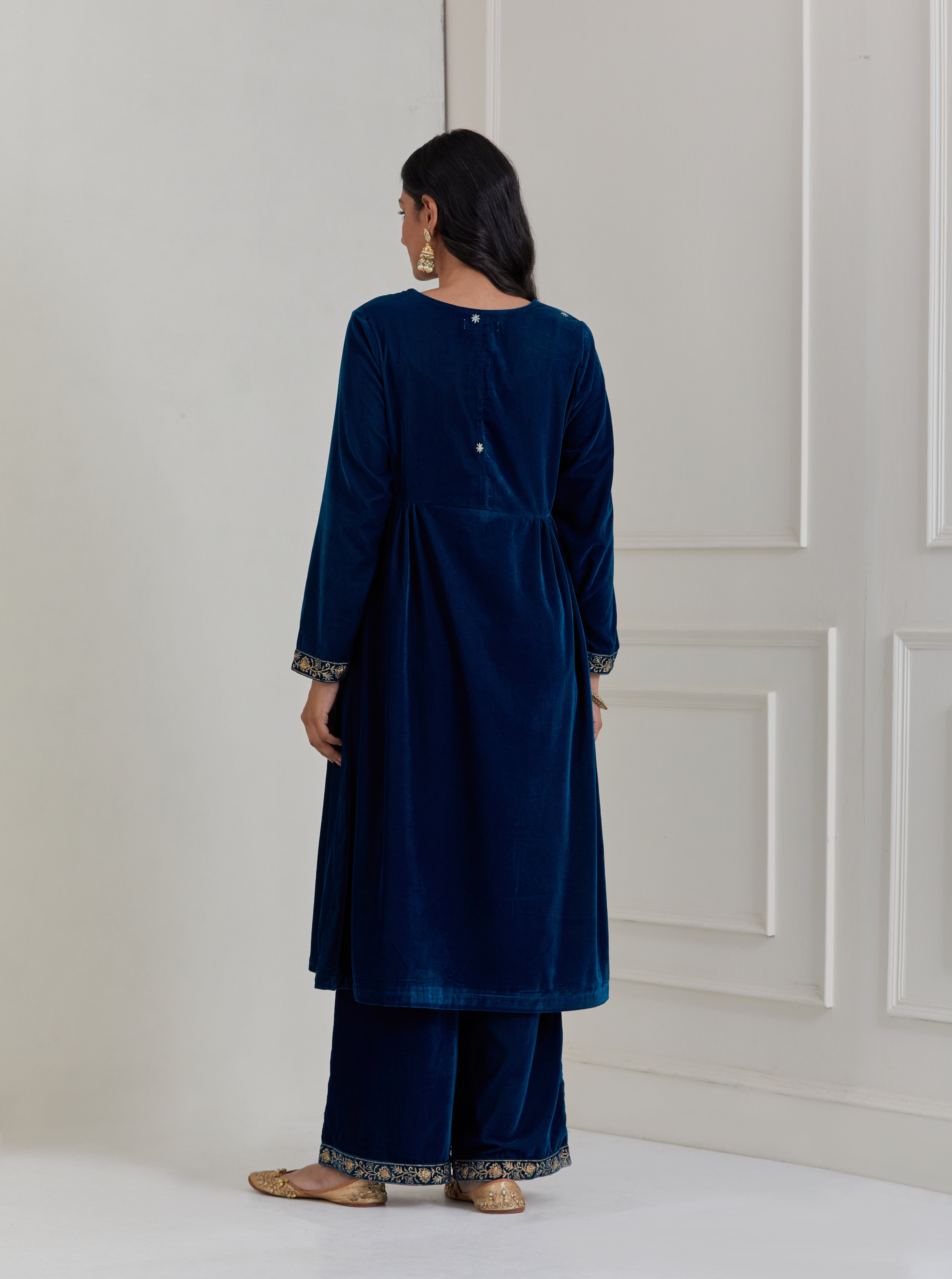 Blue Embroidered Velvet Anarkali Suit - Set of 3