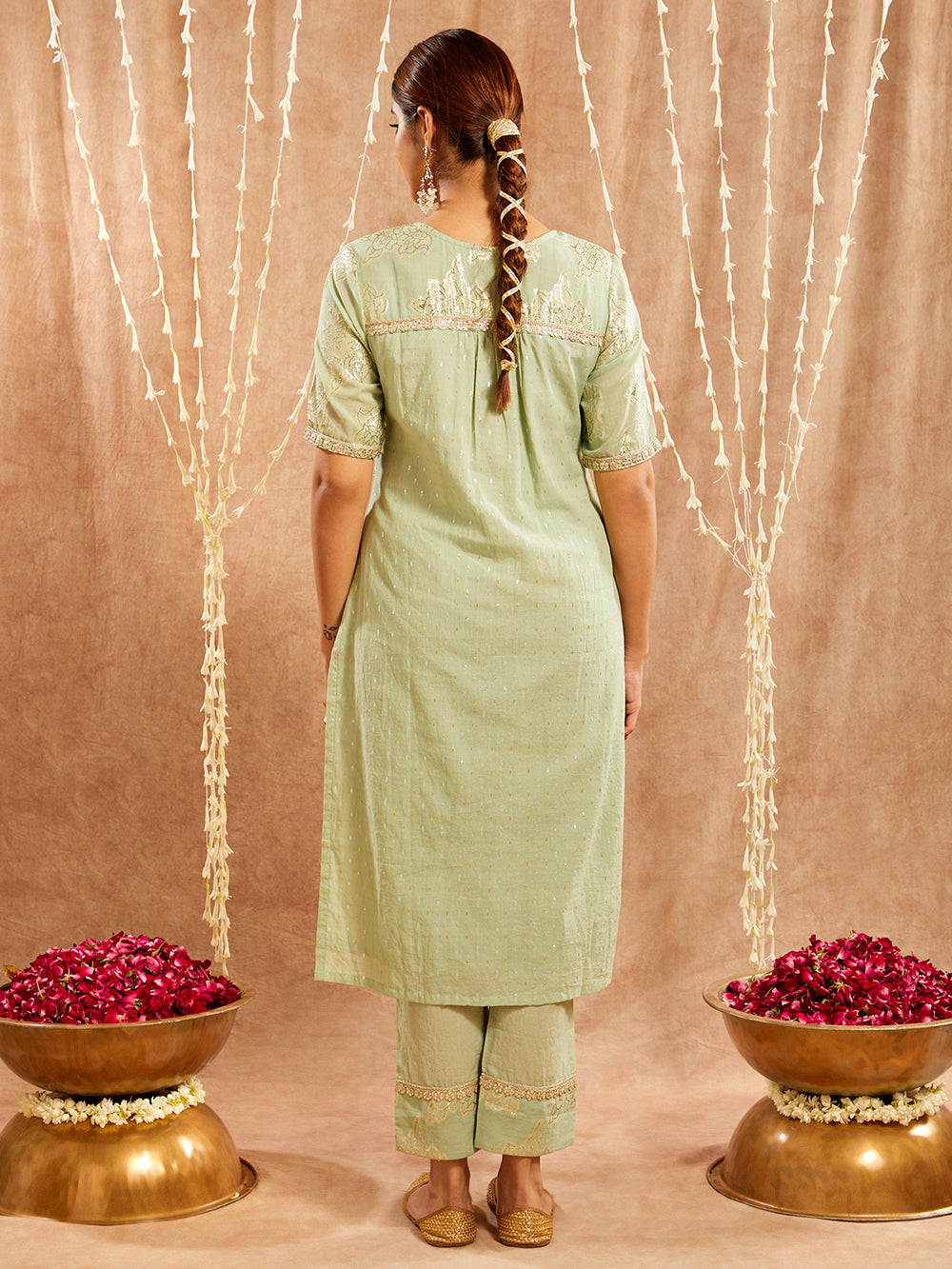 Green Lace work Cotton Lurex Suit - Set of 3