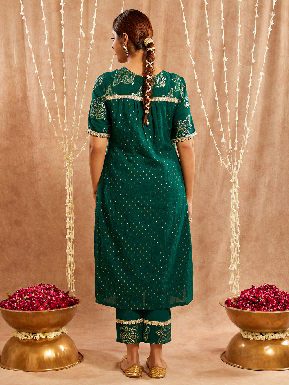 Dark Green Lace work Cotton Lurex Suit - Set of 3