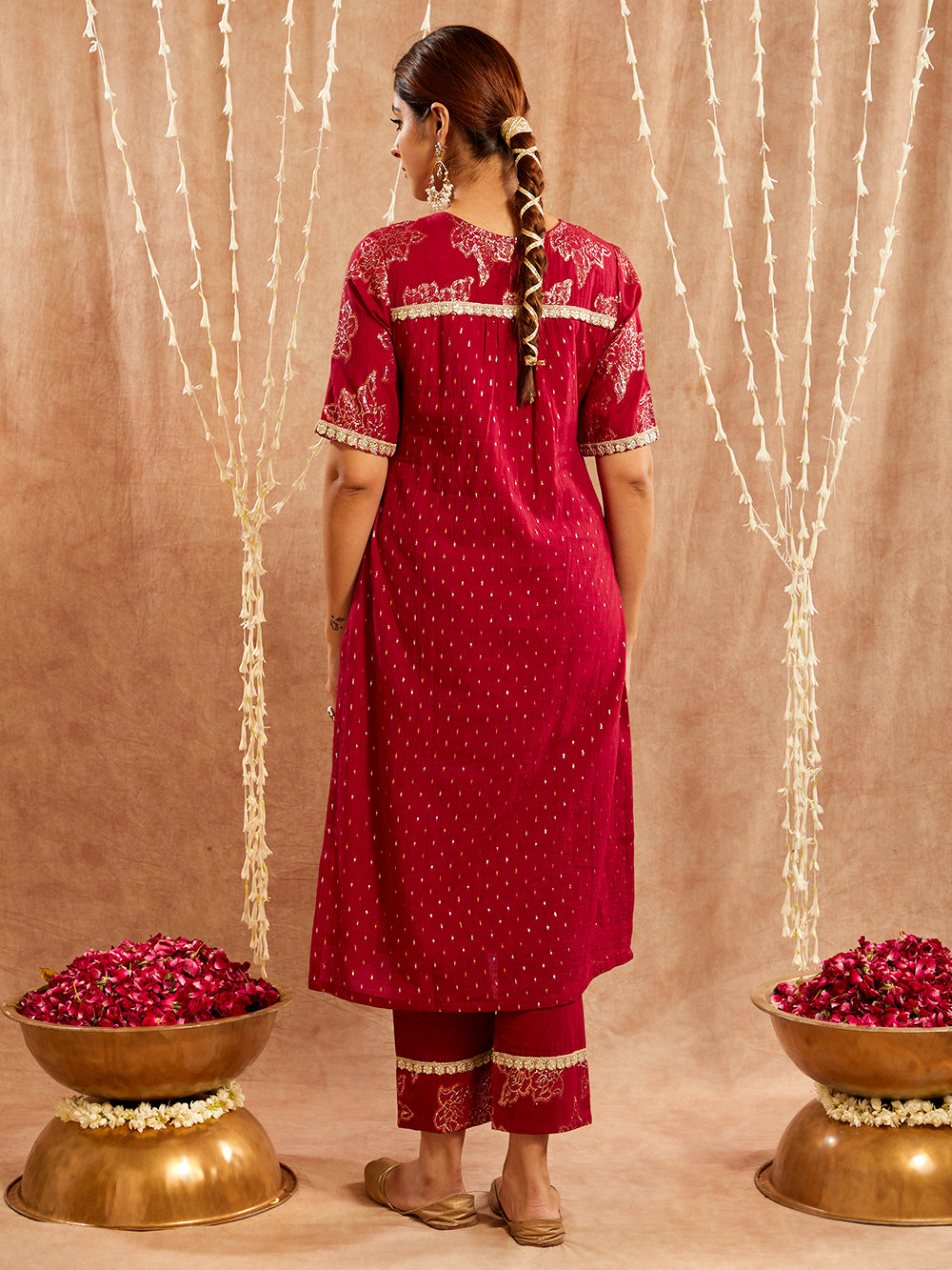 Maroon Lace work Cotton Lurex Suit - Set of 3