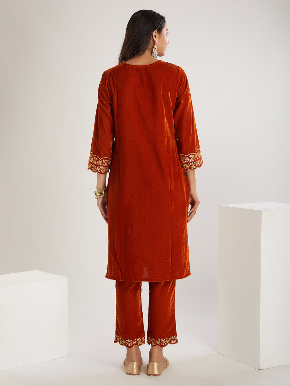 Rust Embroidered Velvet Suit- Set of 3