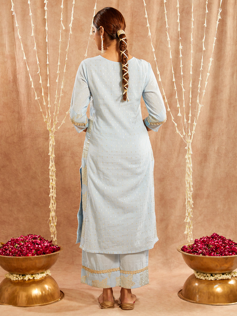 Blue Lace work Cotton Lurex Suit - Set of 3