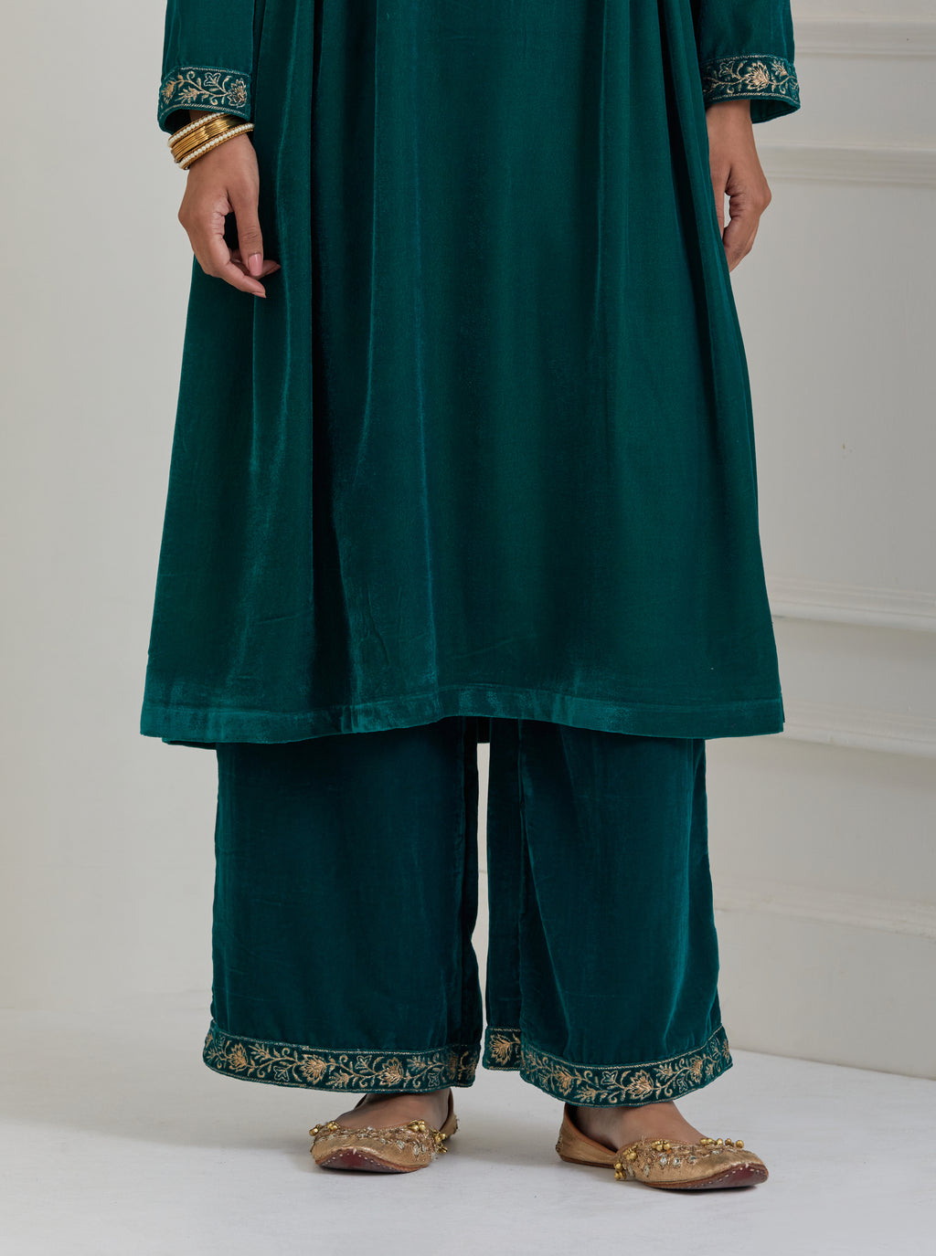 Green Embroidered Velvet Anarkali Suit - Set of 3