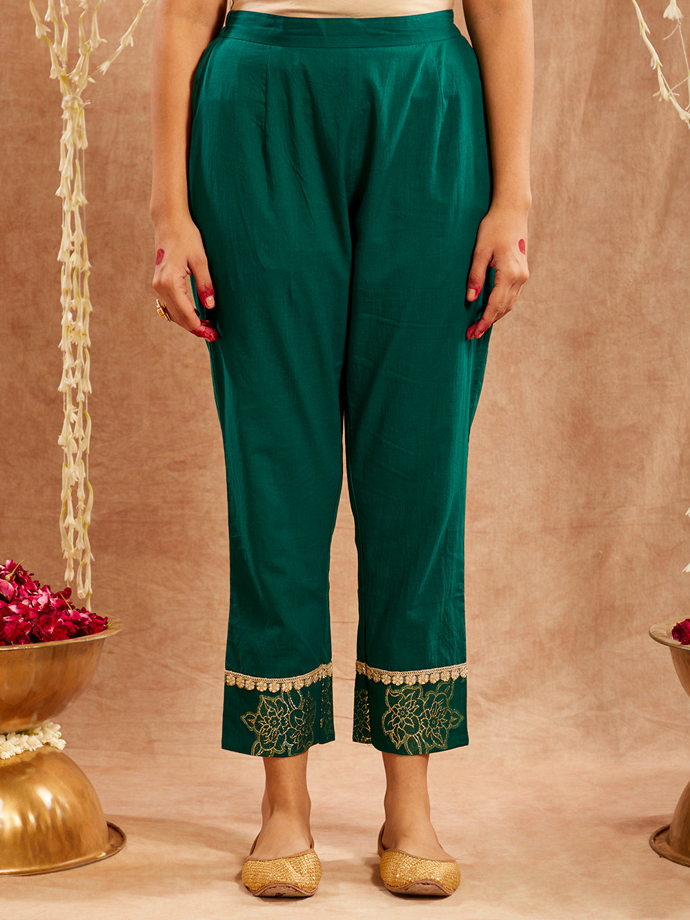 Dark Green Lace work Cotton Lurex Suit - Set of 3