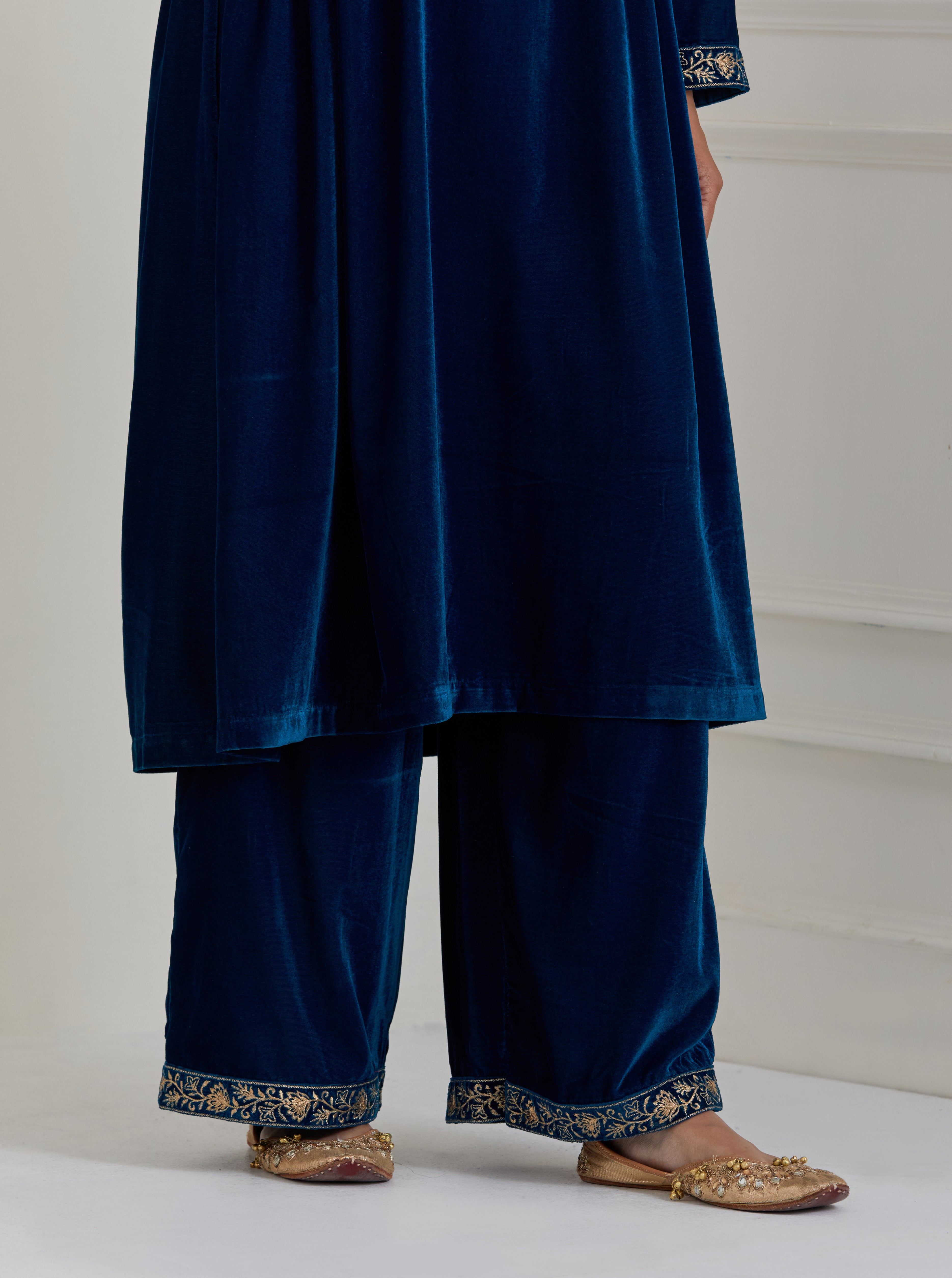 Blue Embroidered Velvet Anarkali Suit - Set of 3