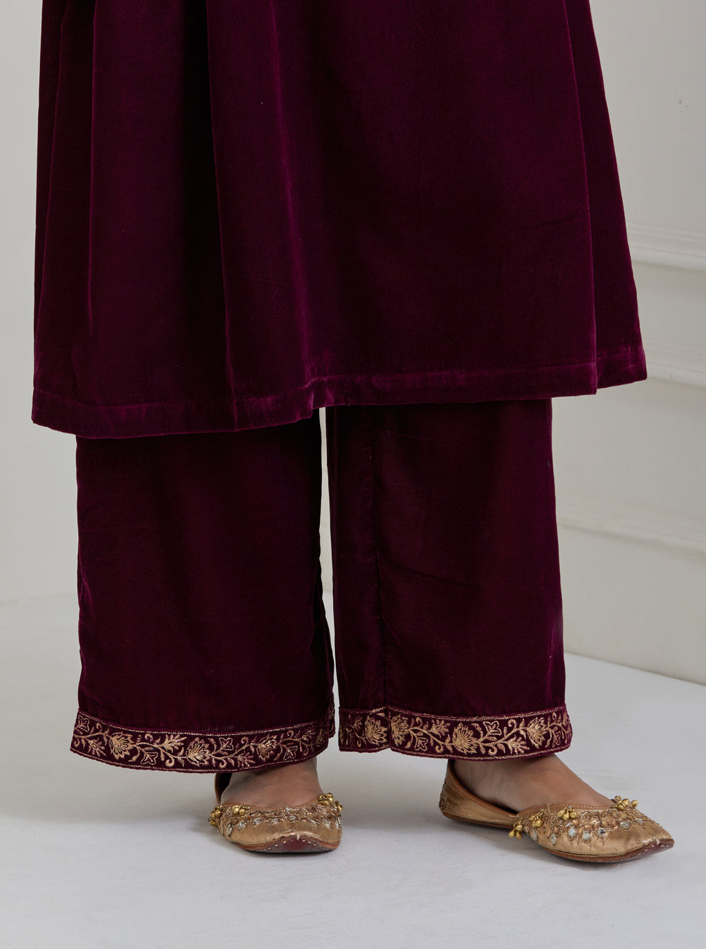 Burgundy Embroidered Velvet Anarkali Suit - Set of 3