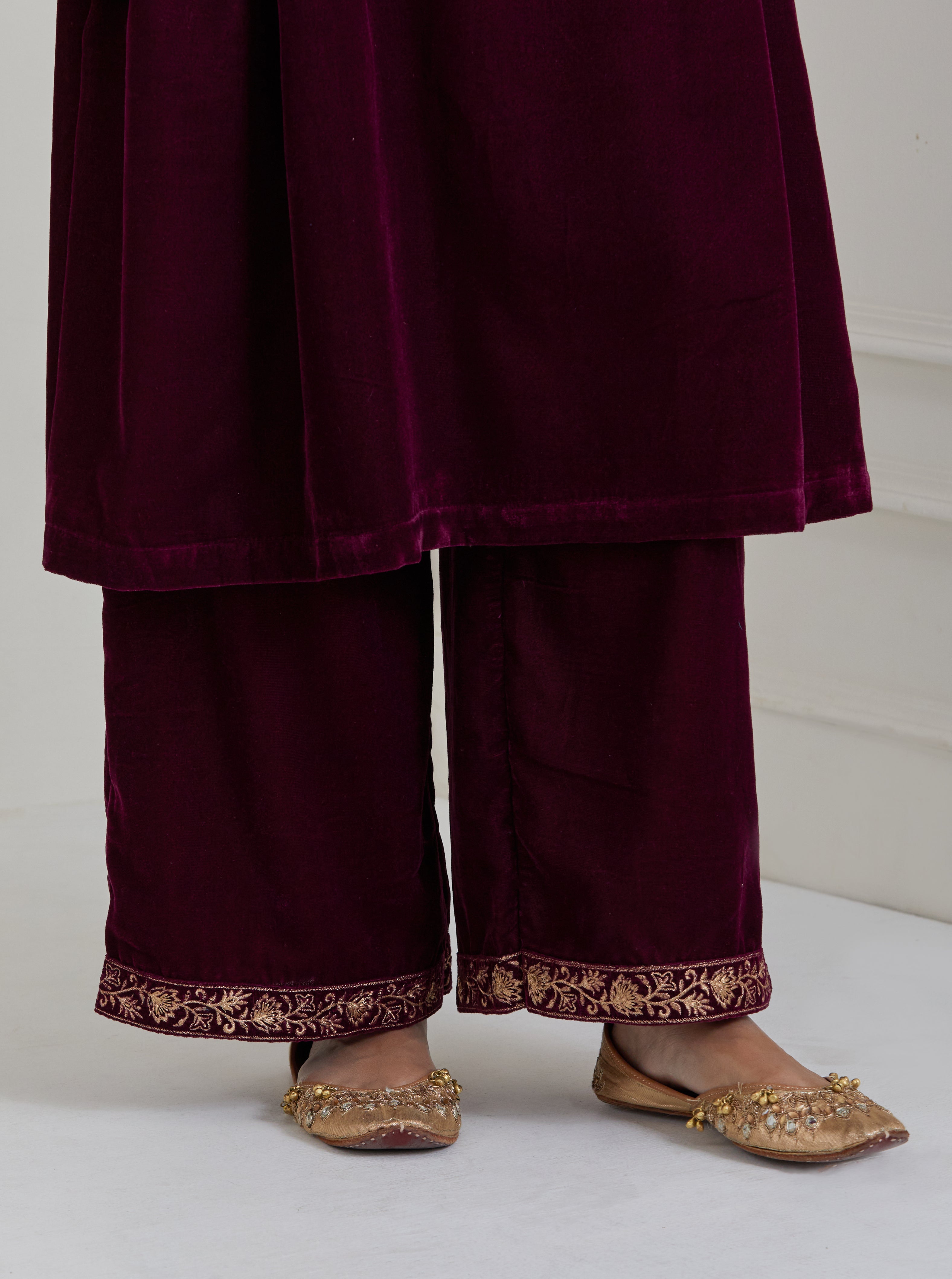 Burgundy Embroidered Velvet Anarkali Suit - Set of 3