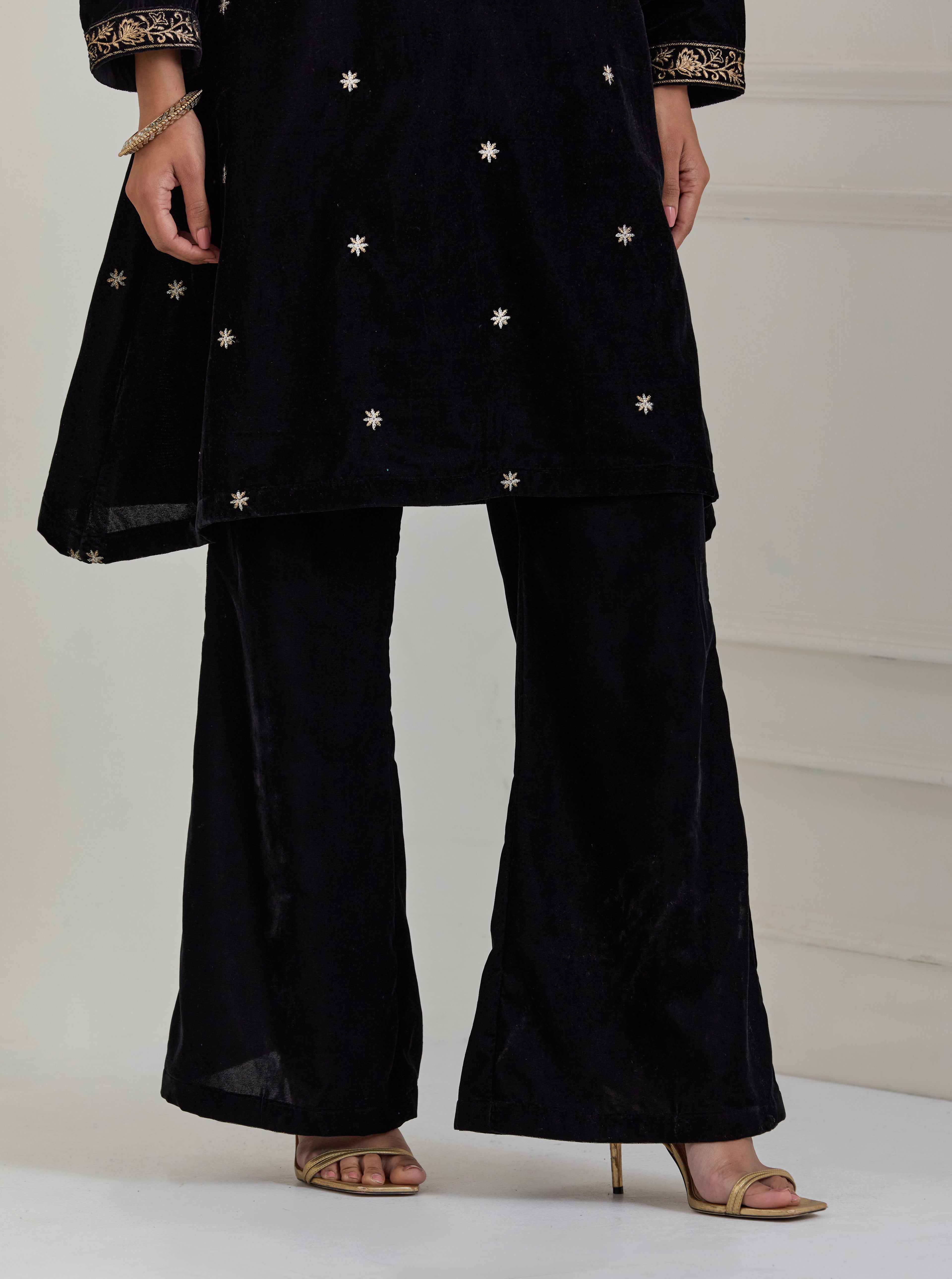 Black Embroidered Velvet A-Line Suit - Set of 3 (Copy)