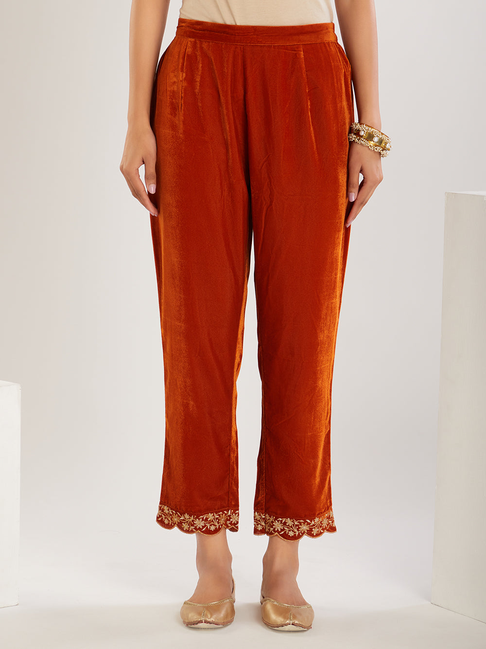 Rust Embroidered Velvet Suit- Set of 3