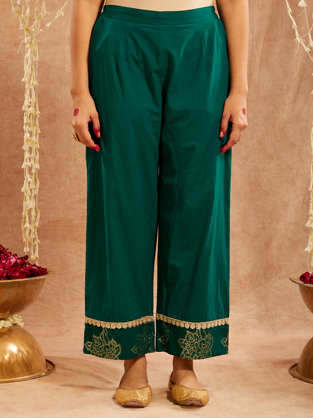 Dark Green Lace work Cotton Lurex Suit - Set of 3