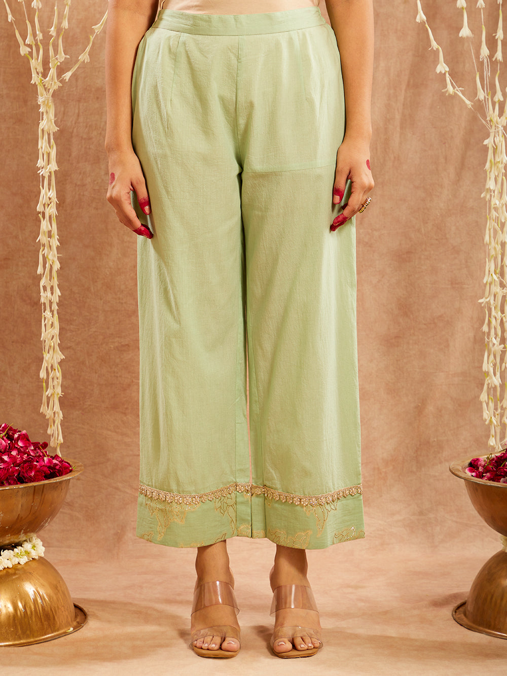 Green Lace work Cotton Lurex Suit - Set of 3