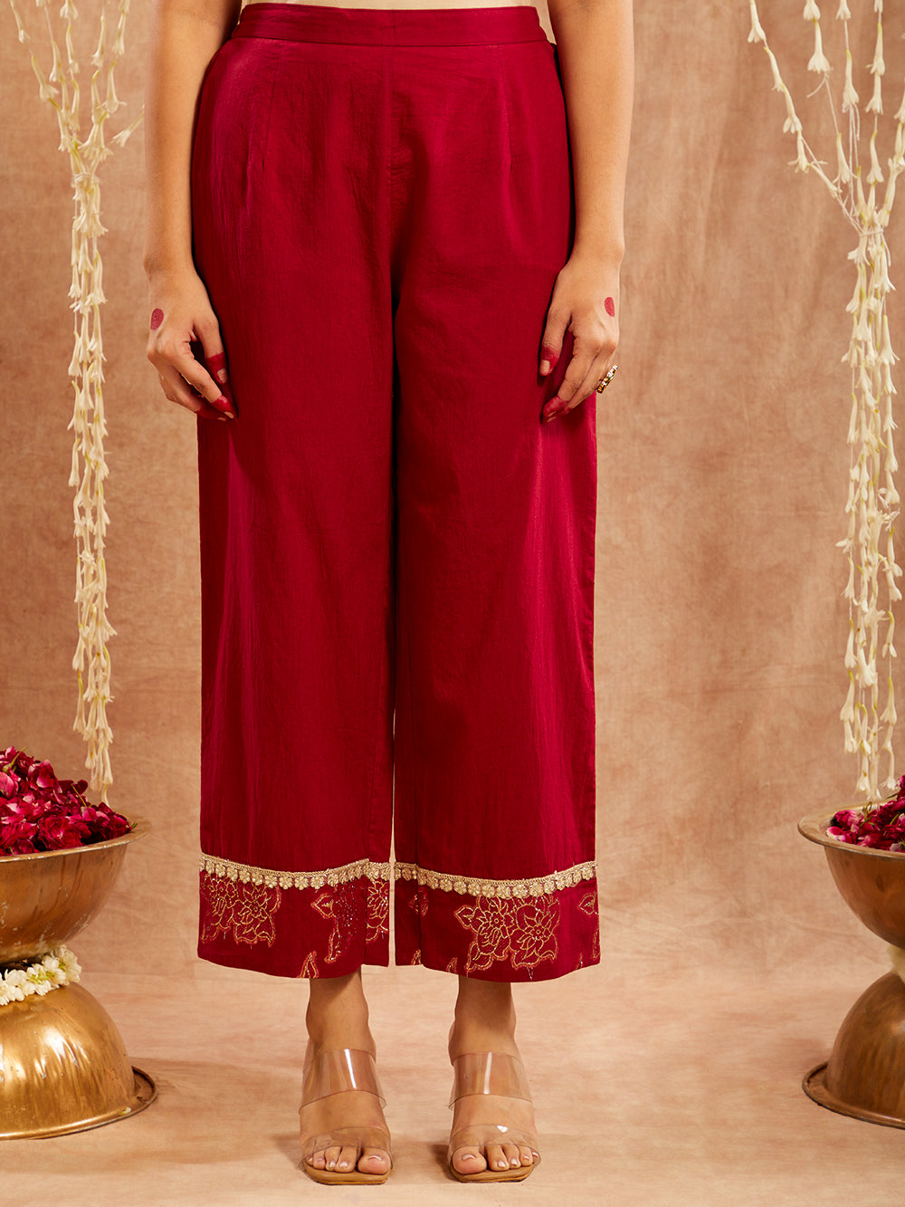 Maroon Lace work Cotton Lurex Suit - Set of 3