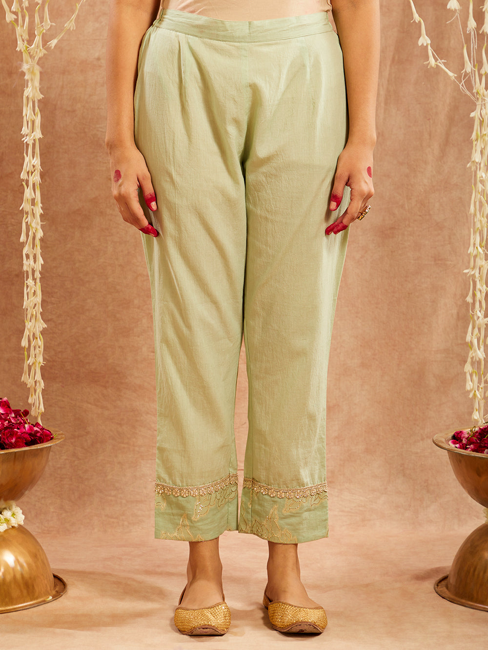 Green Lace work Cotton Lurex Suit - Set of 3