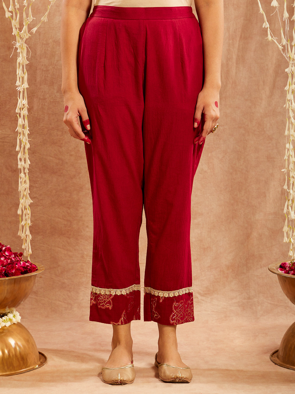 Maroon Lace work Cotton Lurex Suit - Set of 3