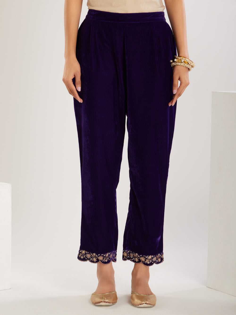 Purple  Embroidered Velvet Suit- Set of  3