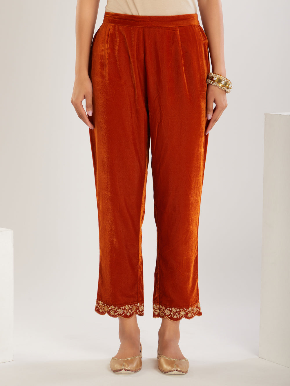 Rust Embroidered Velvet Suit- Set of 3