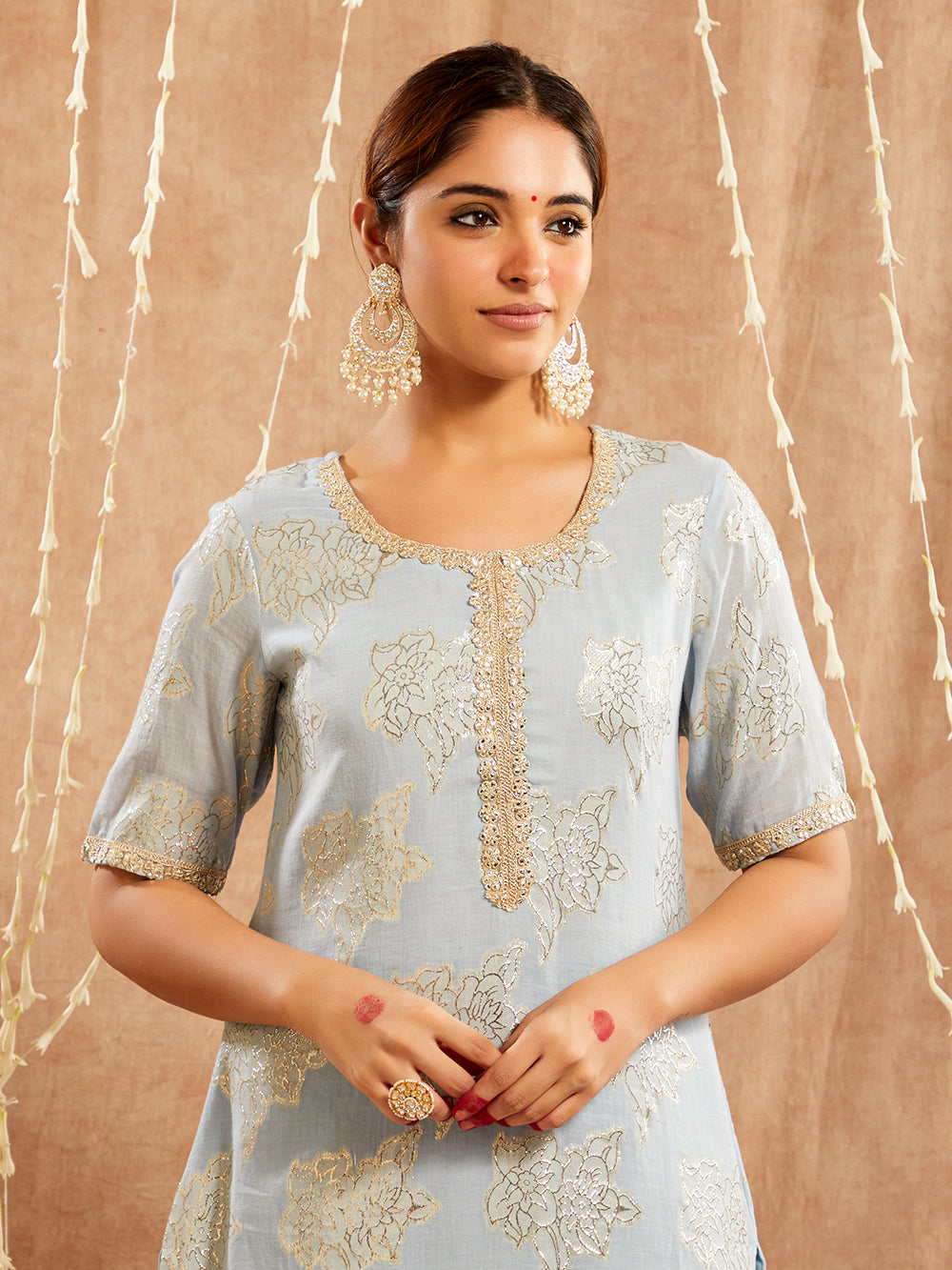 Blue Lace work Cotton Lurex Suit - Set of 3