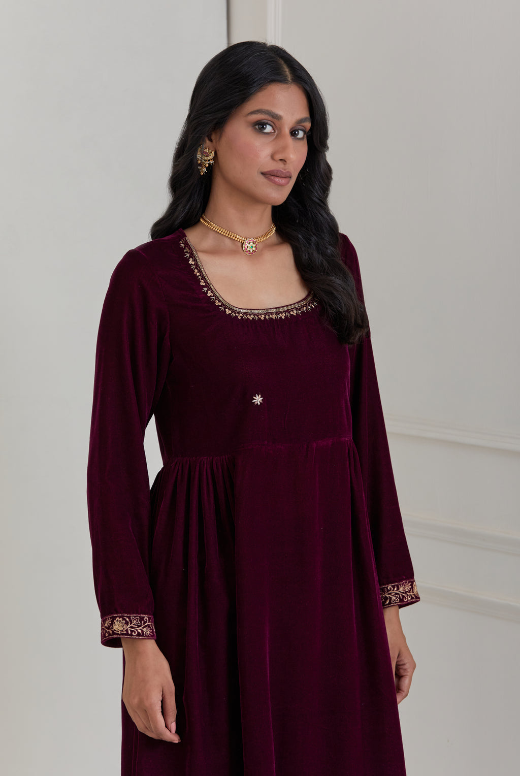 Burgundy Embroidered Velvet Anarkali Suit - Set of 3