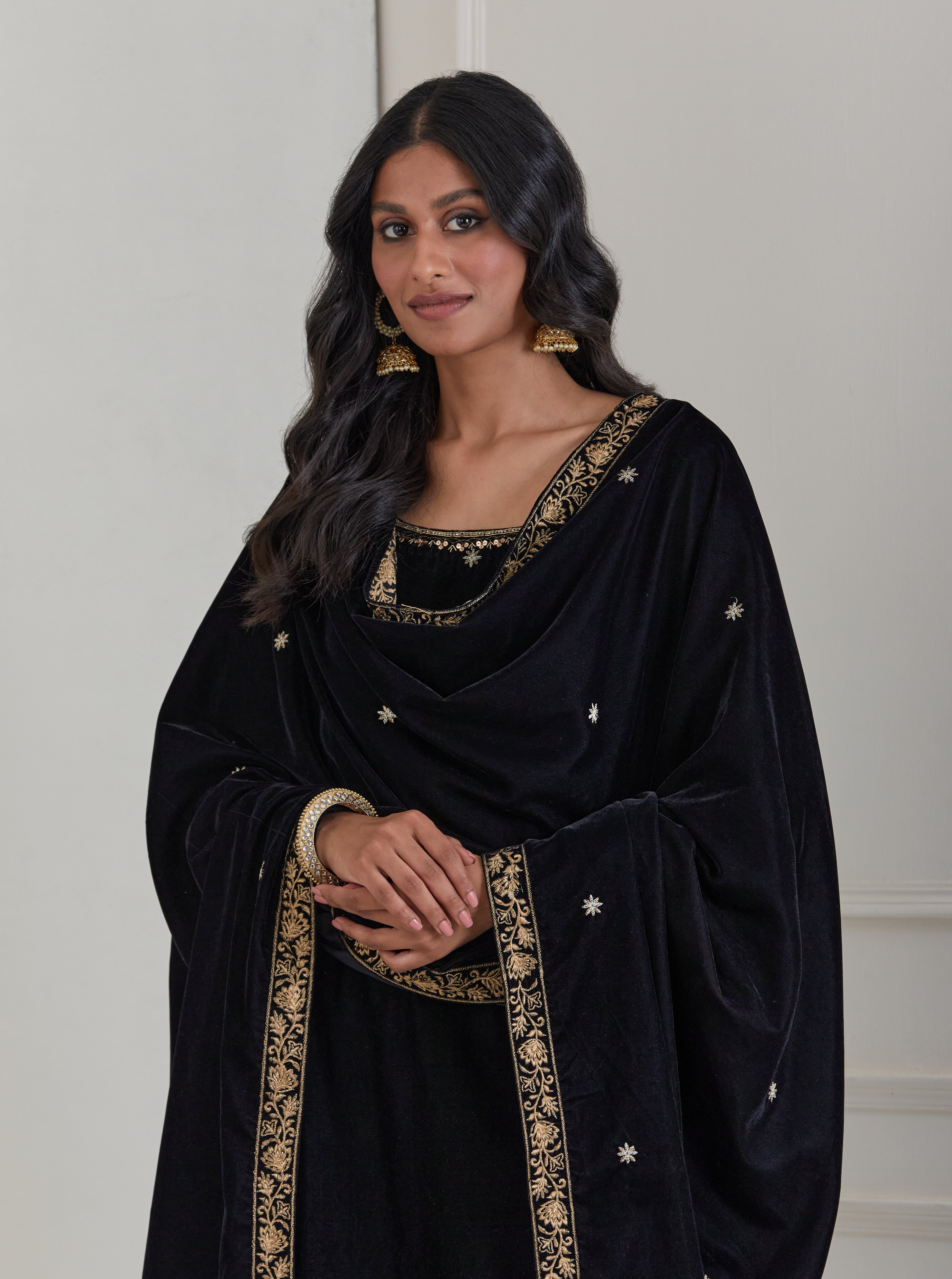 Black Embroidered Velvet Anarkali Suit - Set of 3