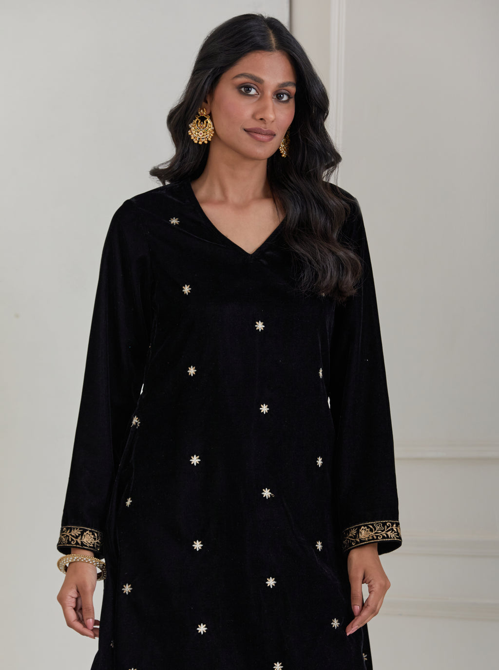 Black Embroidered Velvet A-Line Suit - Set of 3 (Copy)