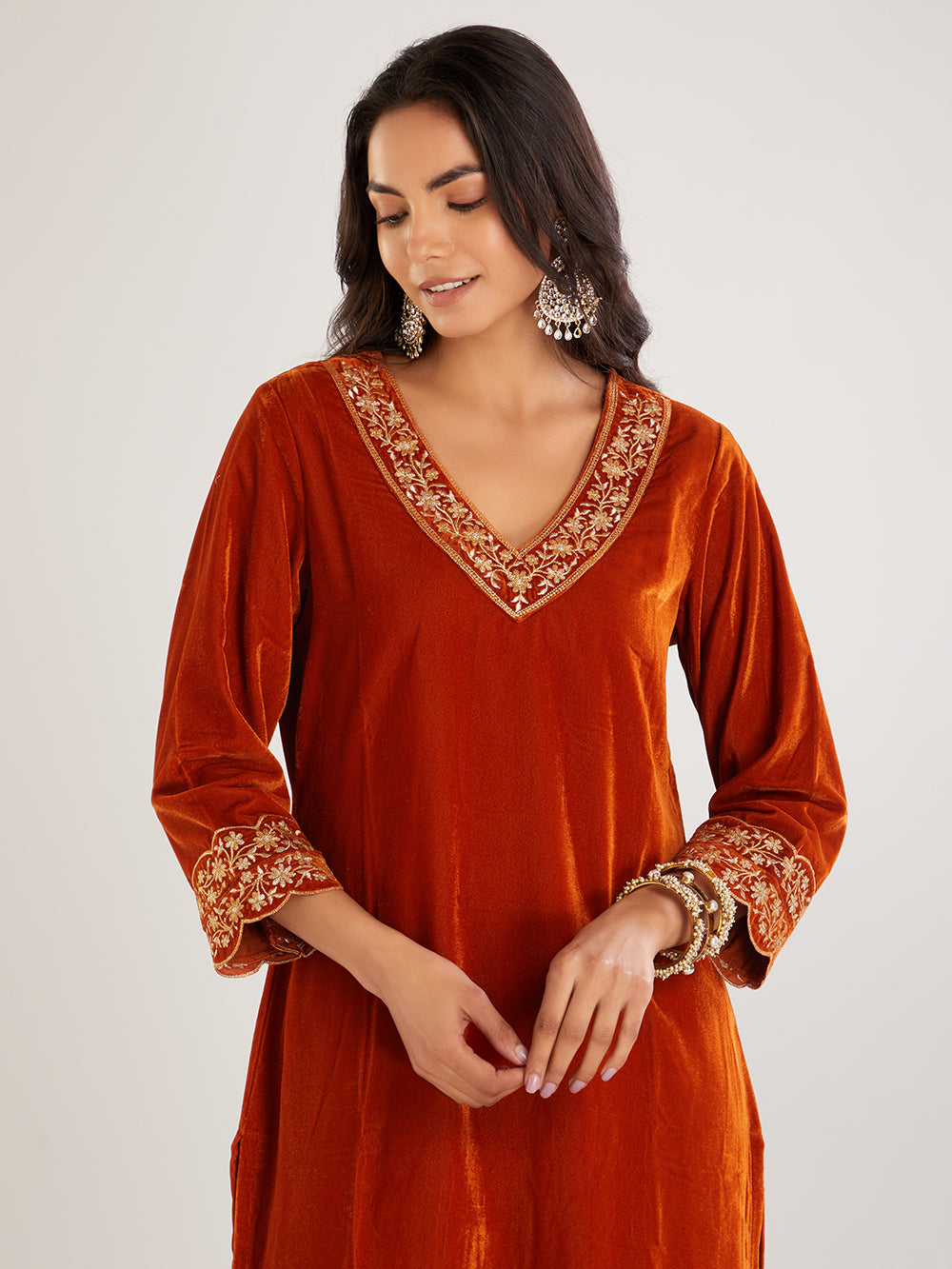 Rust Embroidered Velvet Suit- Set of 3