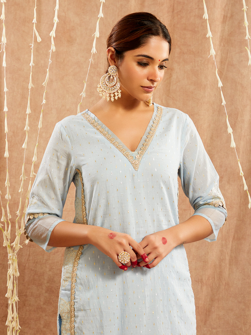 Blue Lace work Cotton Lurex Suit - Set of 3