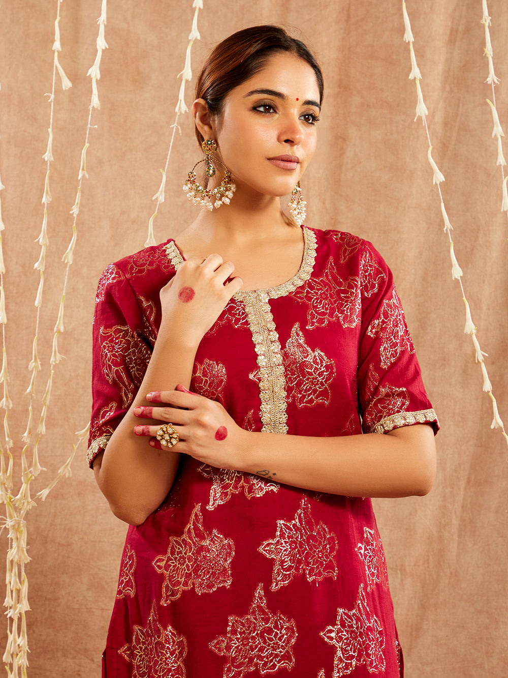 Maroon Lace work Cotton Lurex Suit - Set of 3