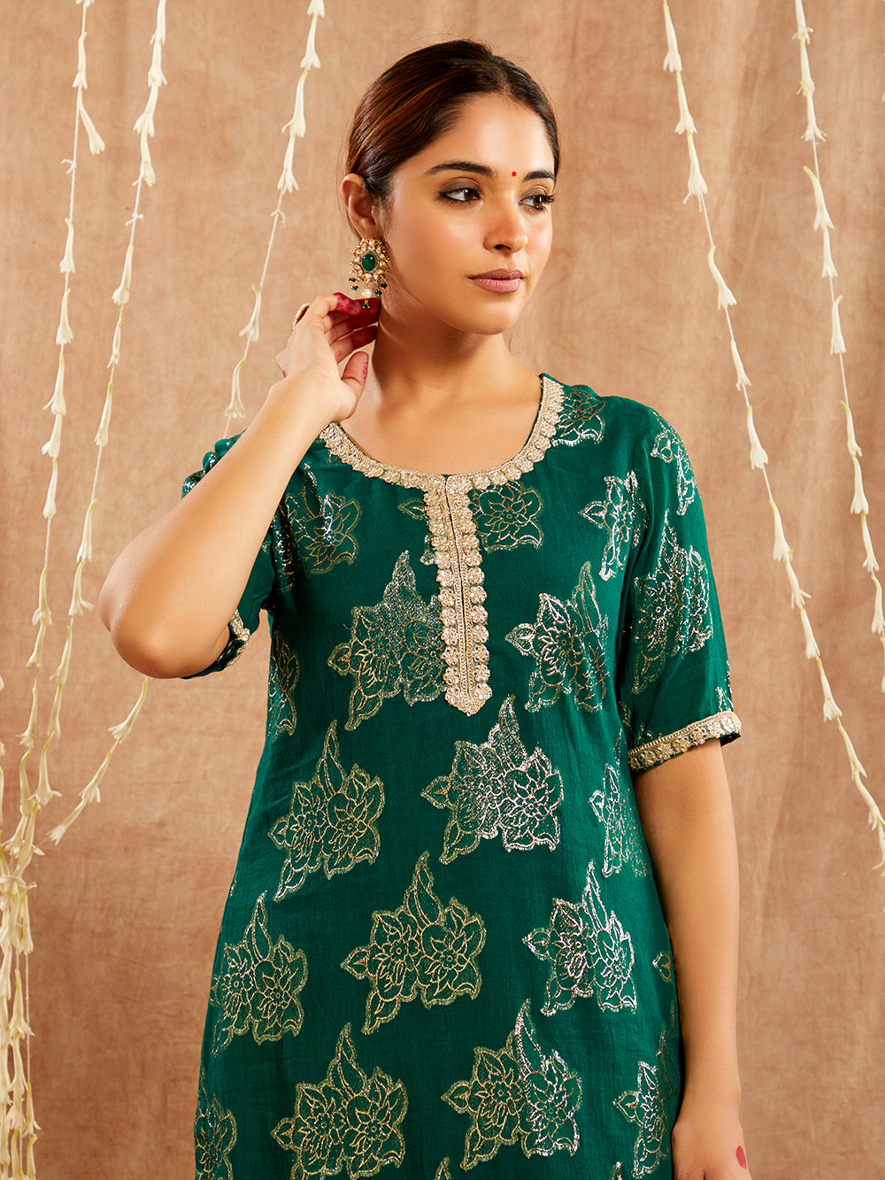 Dark Green Lace work Cotton Lurex Suit - Set of 3