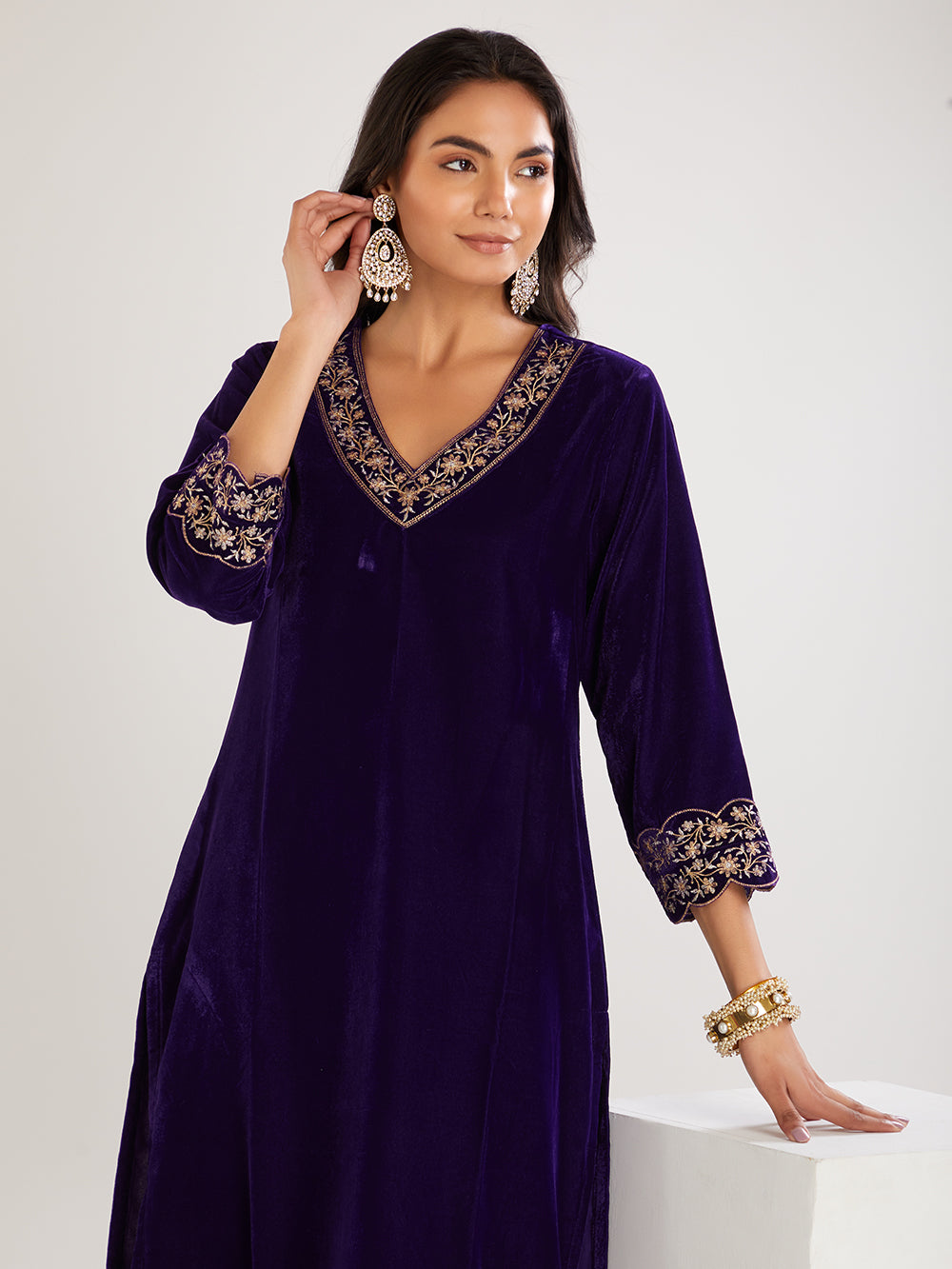 Purple Embroidered Velvet Suit- Set of  3