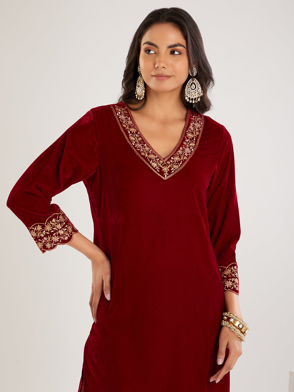 Maroon  Embroidered Velvet Suit- Set of  3