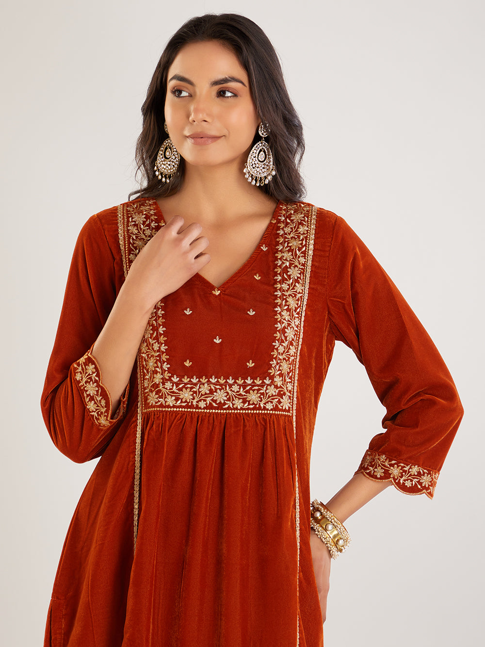 Rust Embroidered Velvet Suit- Set of 3