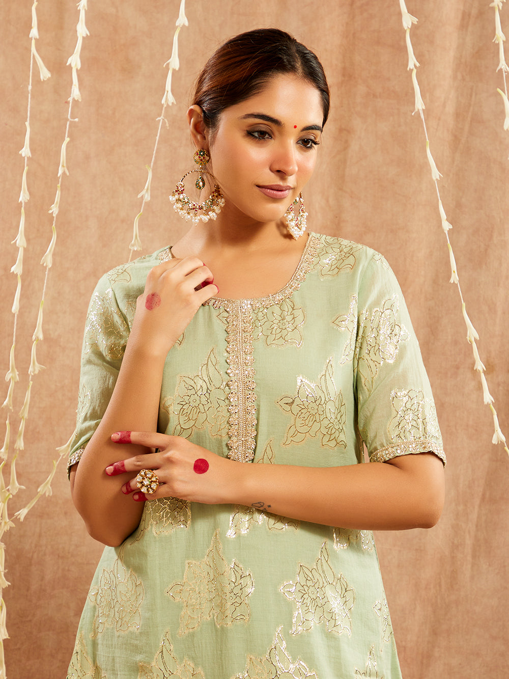 Green Lace work Cotton Lurex Suit - Set of 3