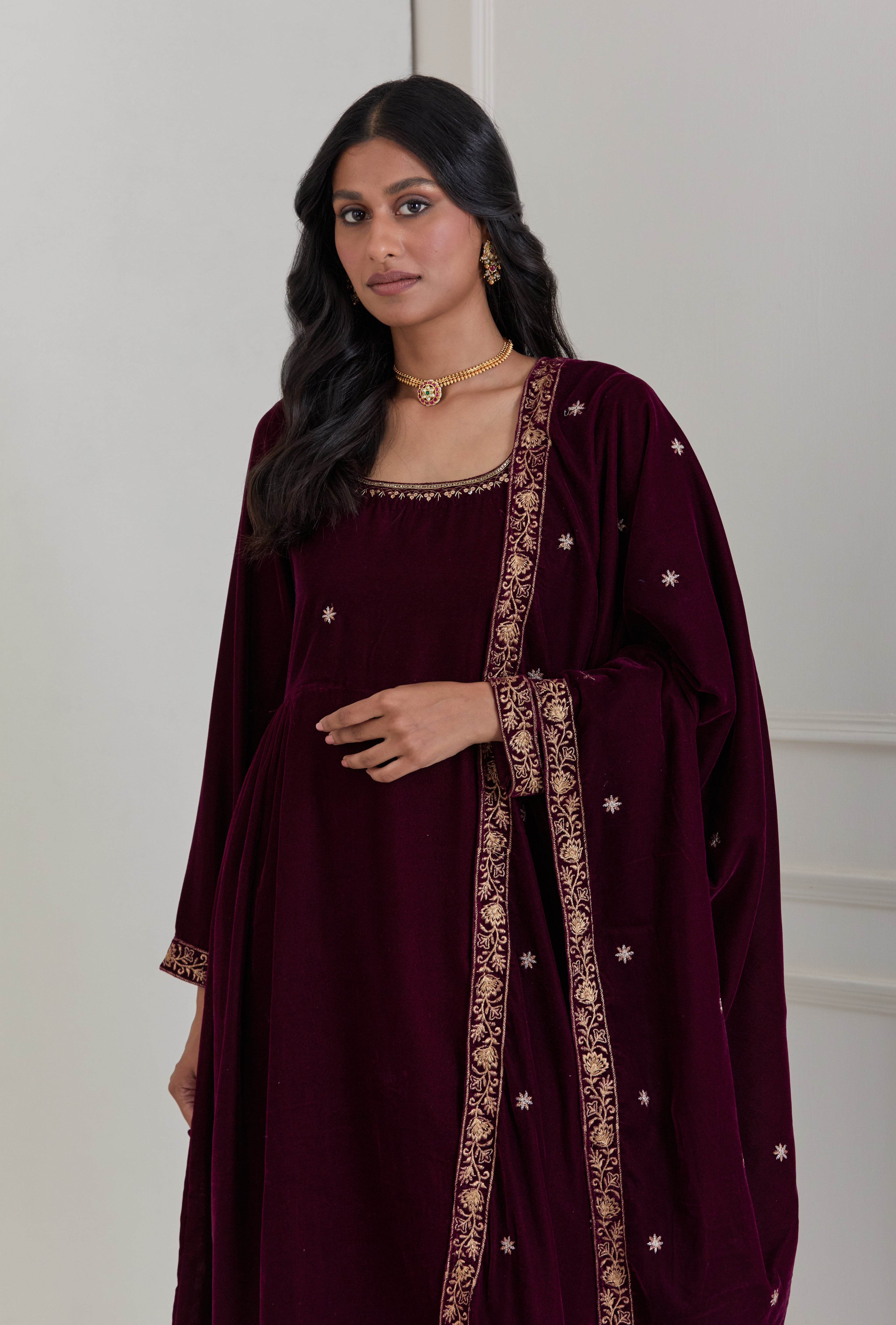 Burgundy Embroidered Velvet Anarkali Suit - Set of 3