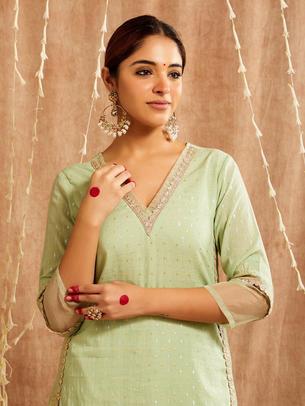 Green Lace work Cotton Lurex Suit - Set of 3