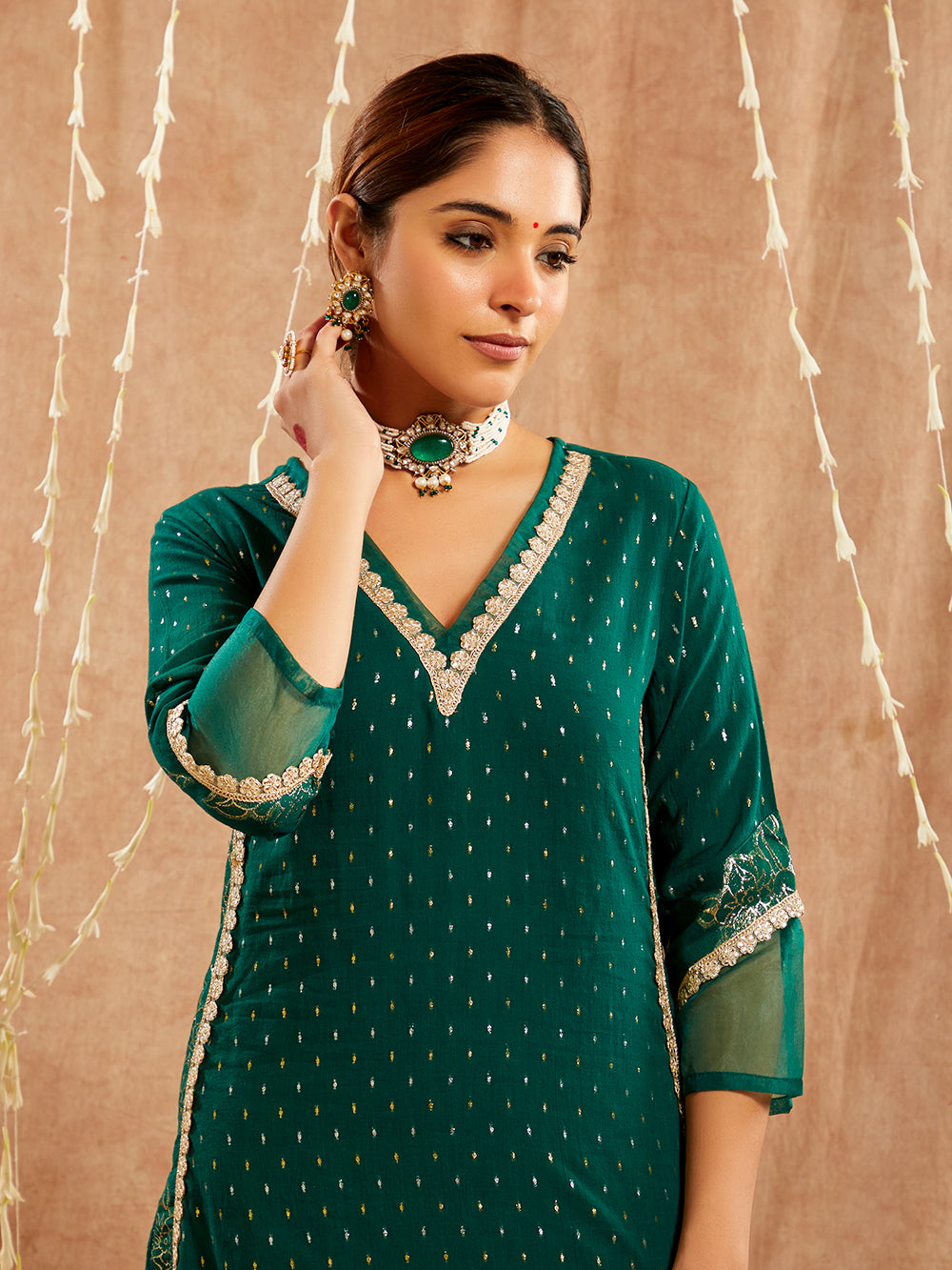 Dark Green Lace work Cotton Lurex Suit - Set of 3