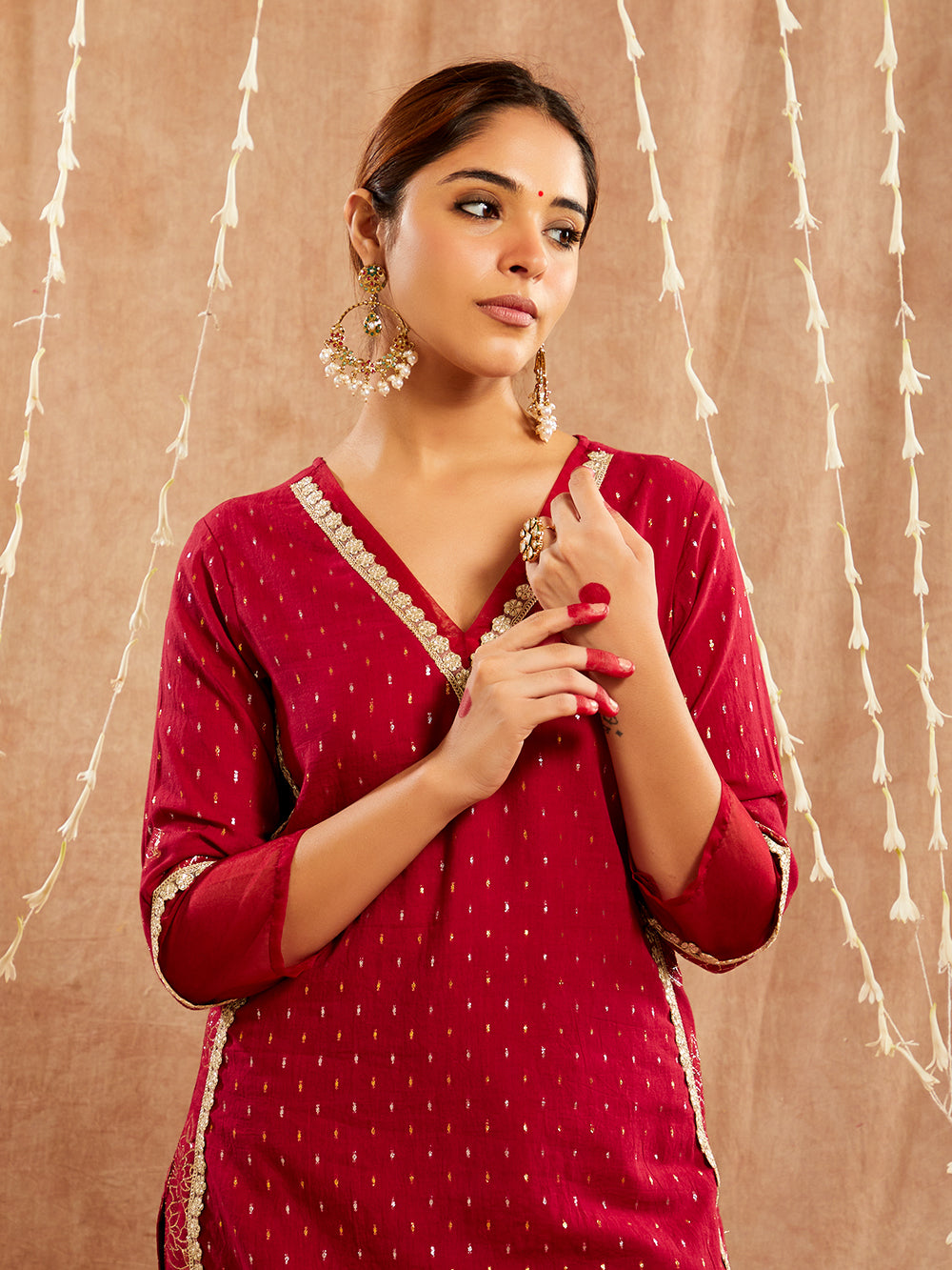 Maroon Lace work Cotton Lurex Suit - Set of 3