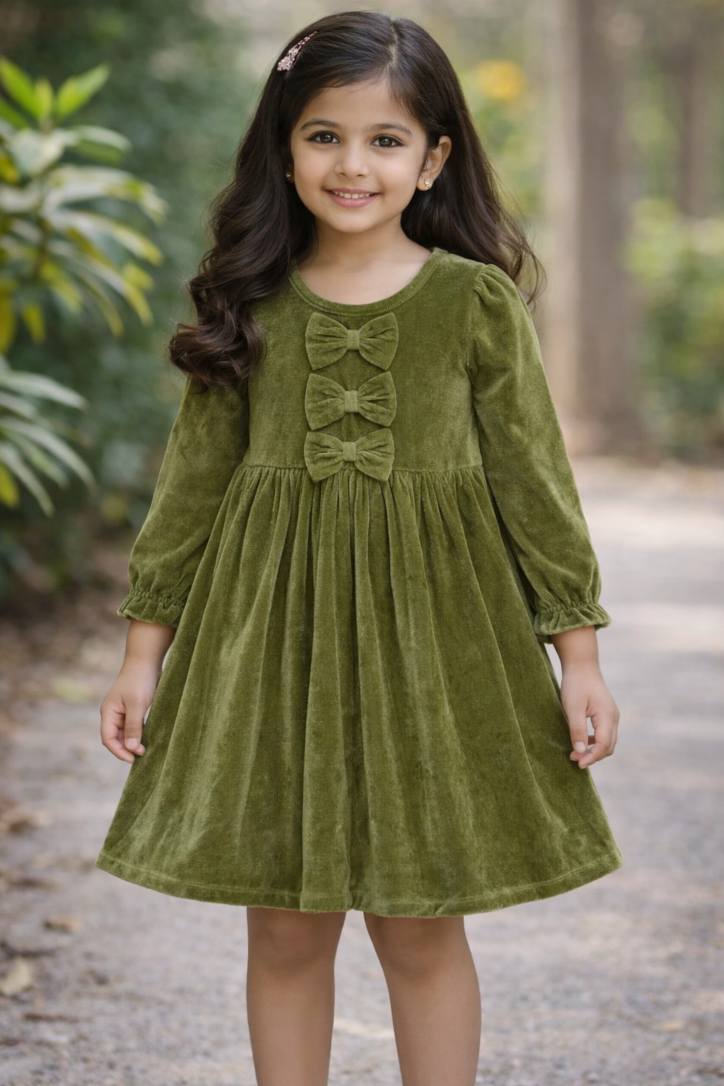 Luxury Green Velvet Bow Dress for Girls