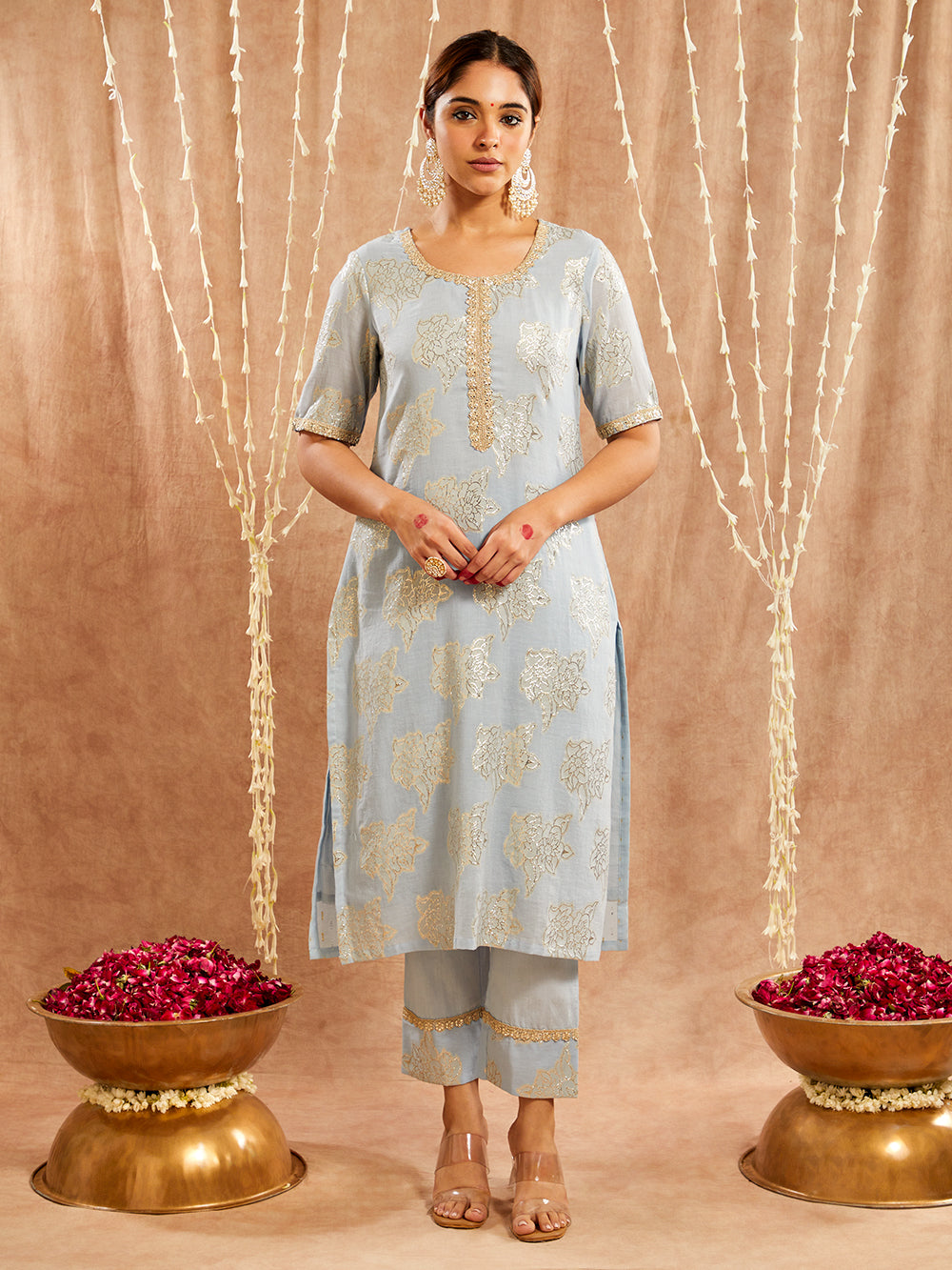 Blue Lace work Cotton Lurex Suit - Set of 3