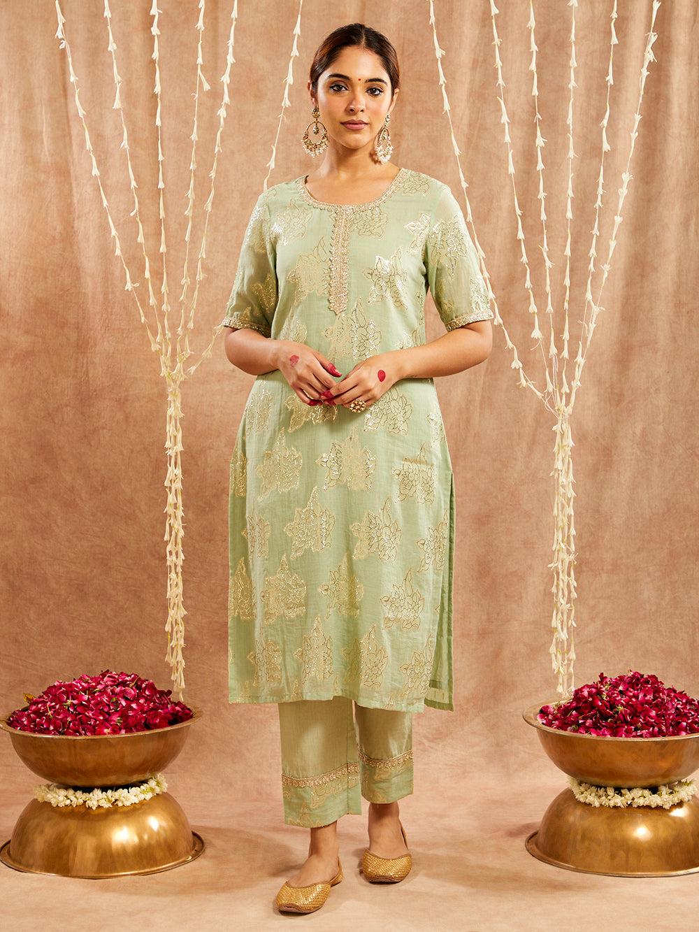 Green Lace work Cotton Lurex Suit - Set of 3