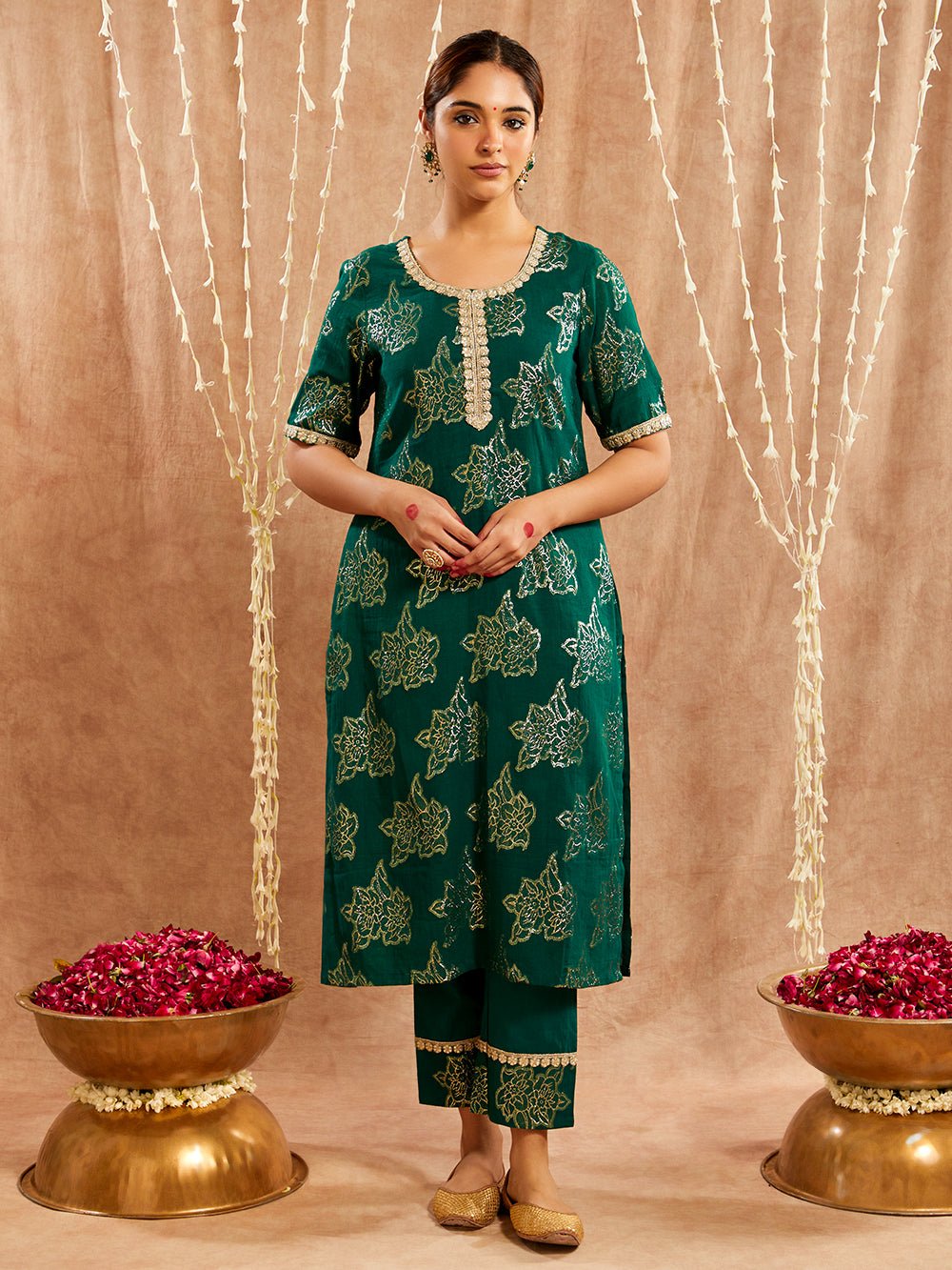 Dark Green Lace work Cotton Lurex Suit - Set of 3