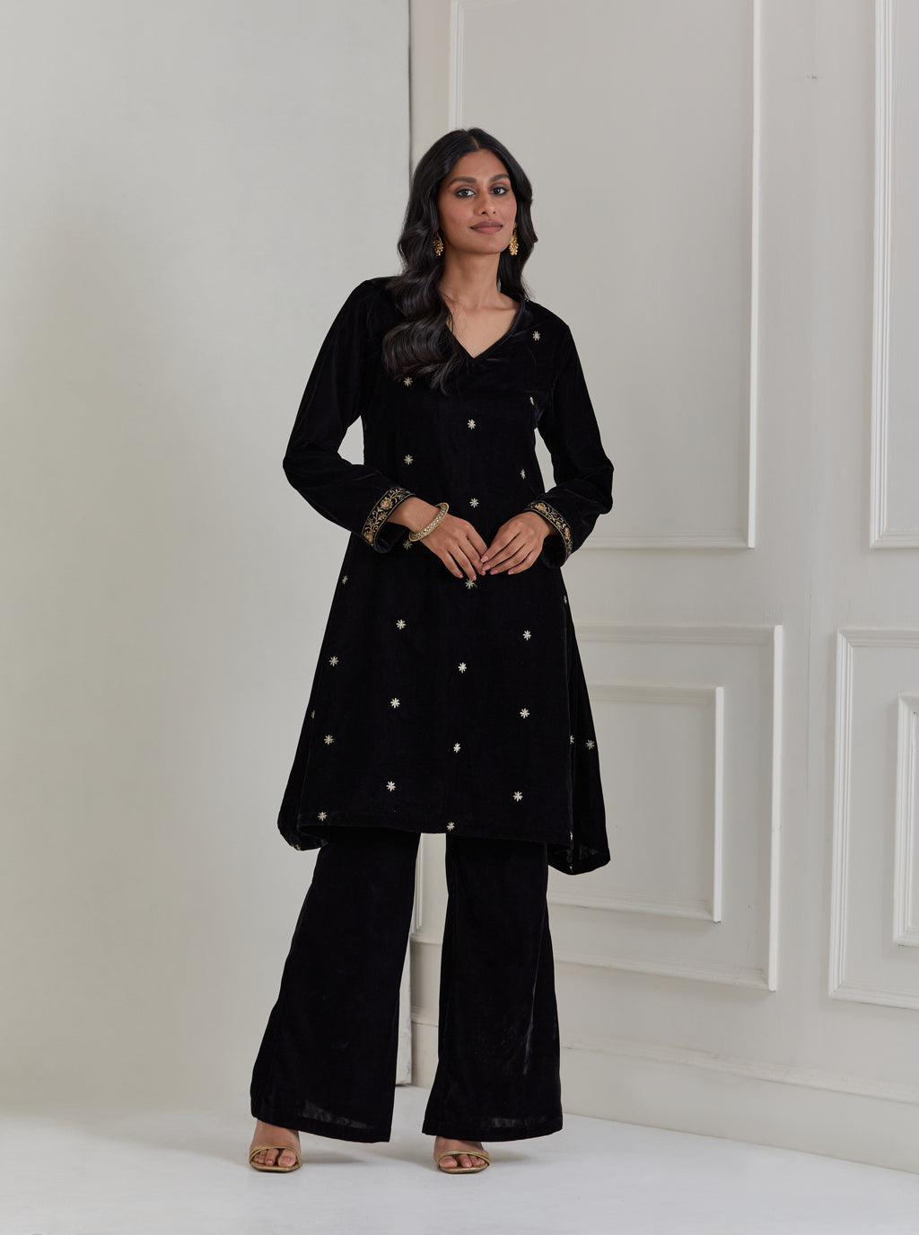 Black Embroidered Velvet A-Line Suit - Set of 3 (Copy)