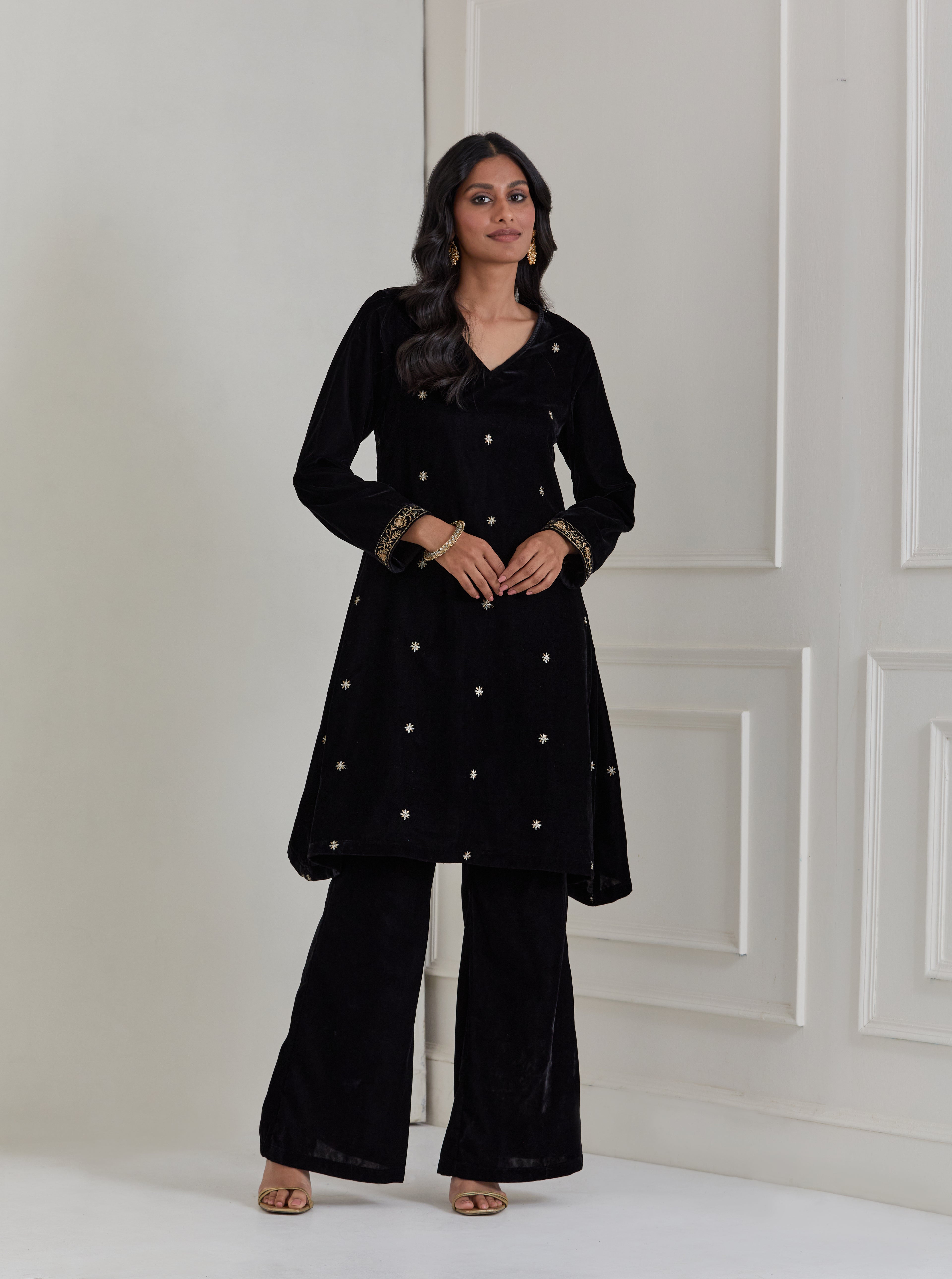 Black Embroidered Velvet A-Line Suit - Set of 3 (Copy)