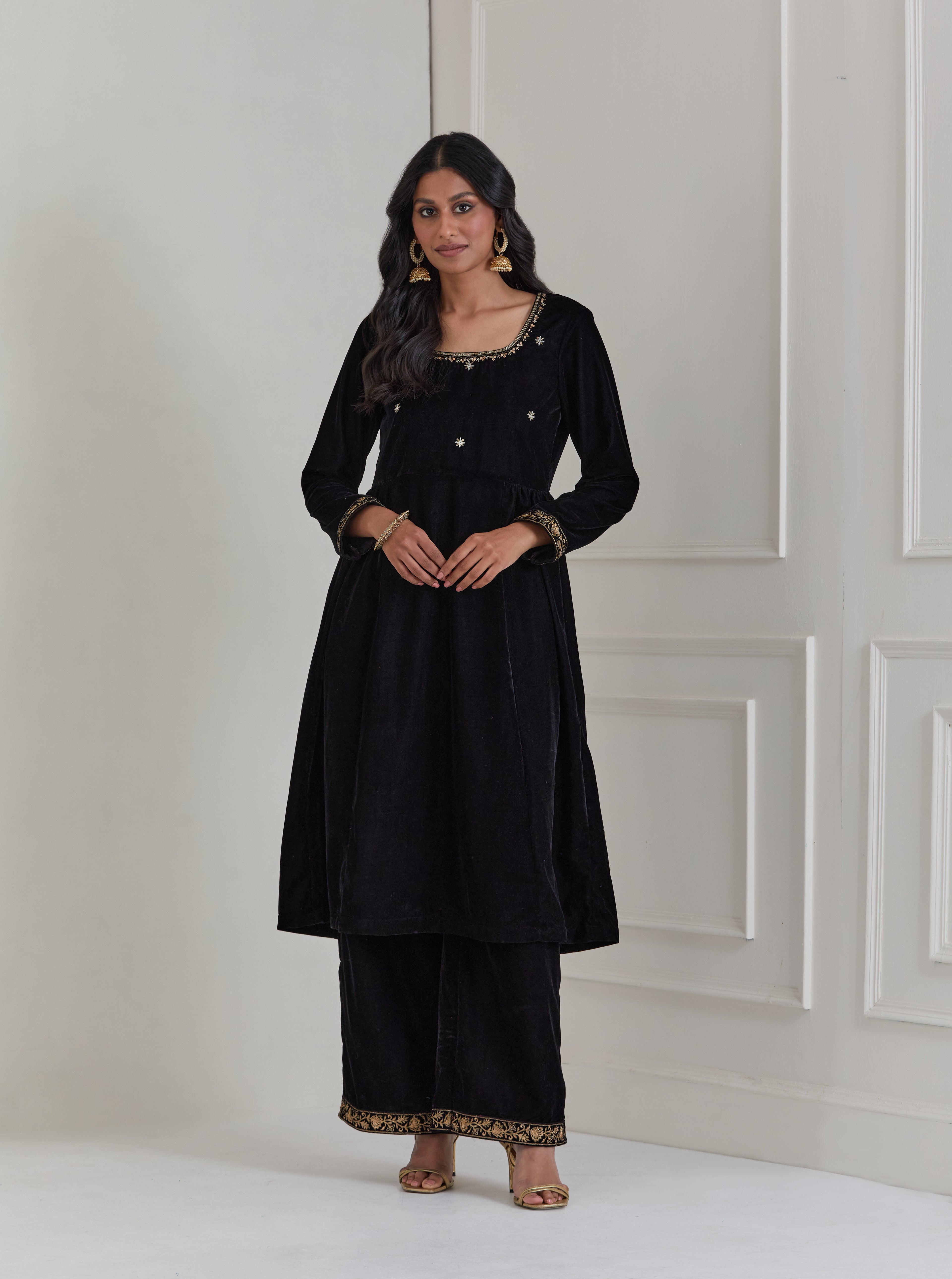 Black Embroidered Velvet Anarkali Suit - Set of 3