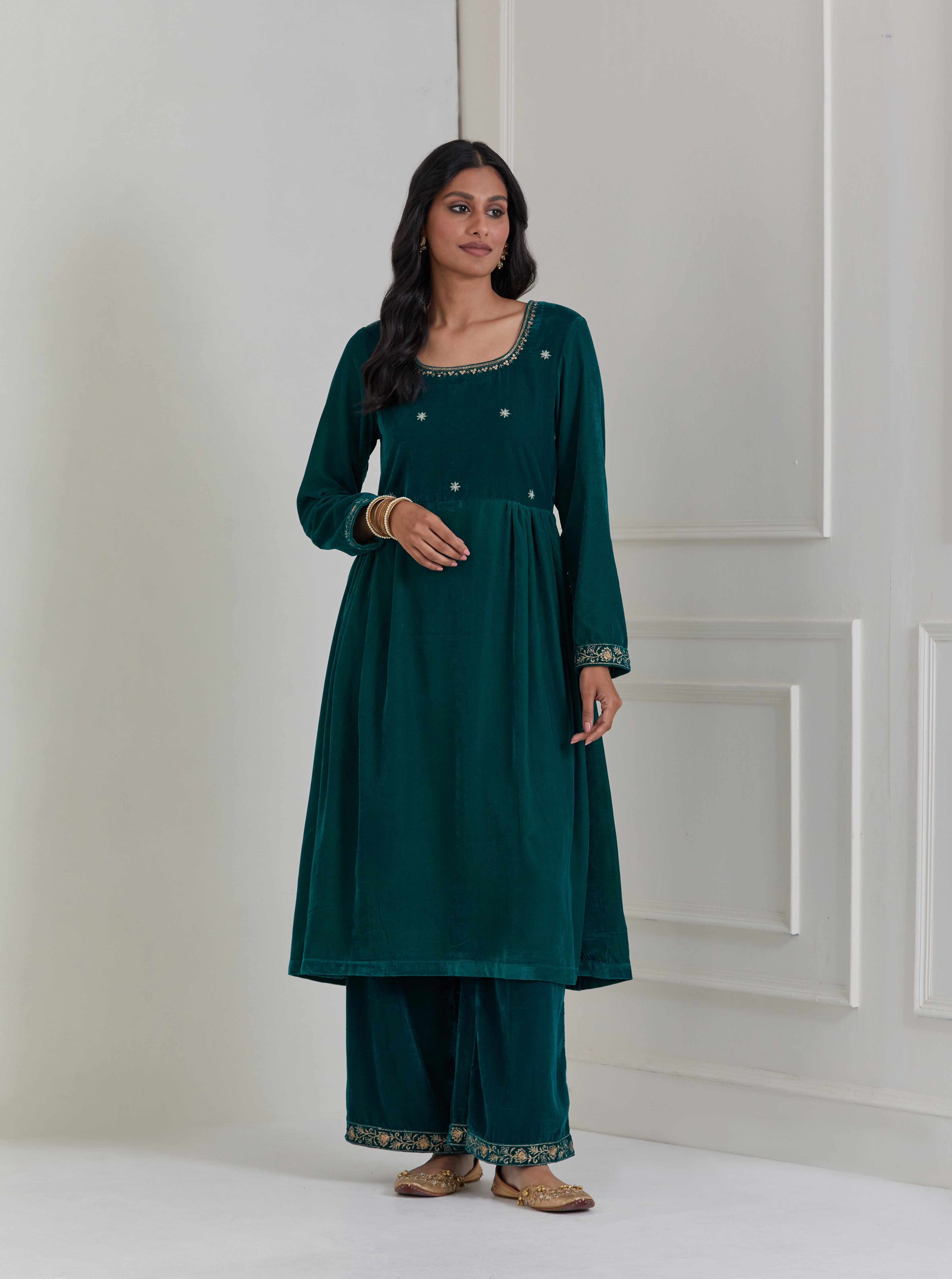 Green Embroidered Velvet Anarkali Suit - Set of 3
