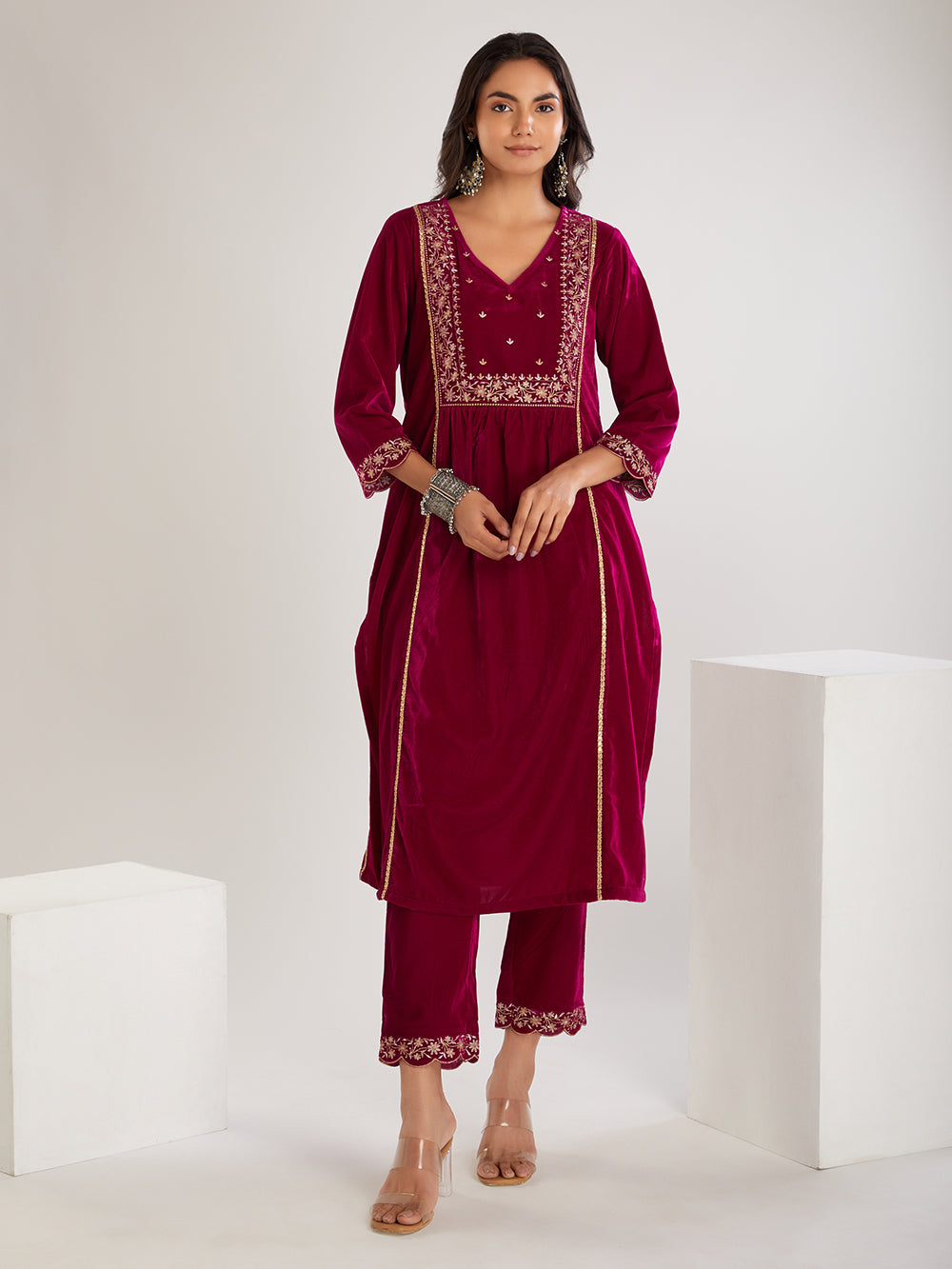 Fushica Embroidered Velvet Suit- Set of 3