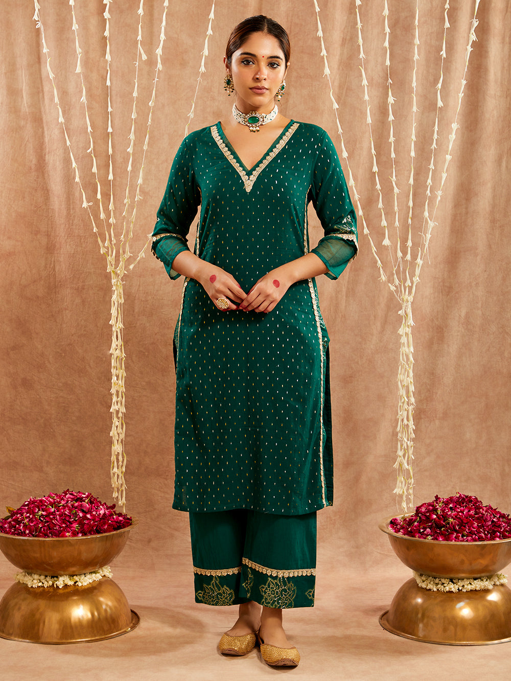 Dark Green Lace work Cotton Lurex Suit - Set of 3