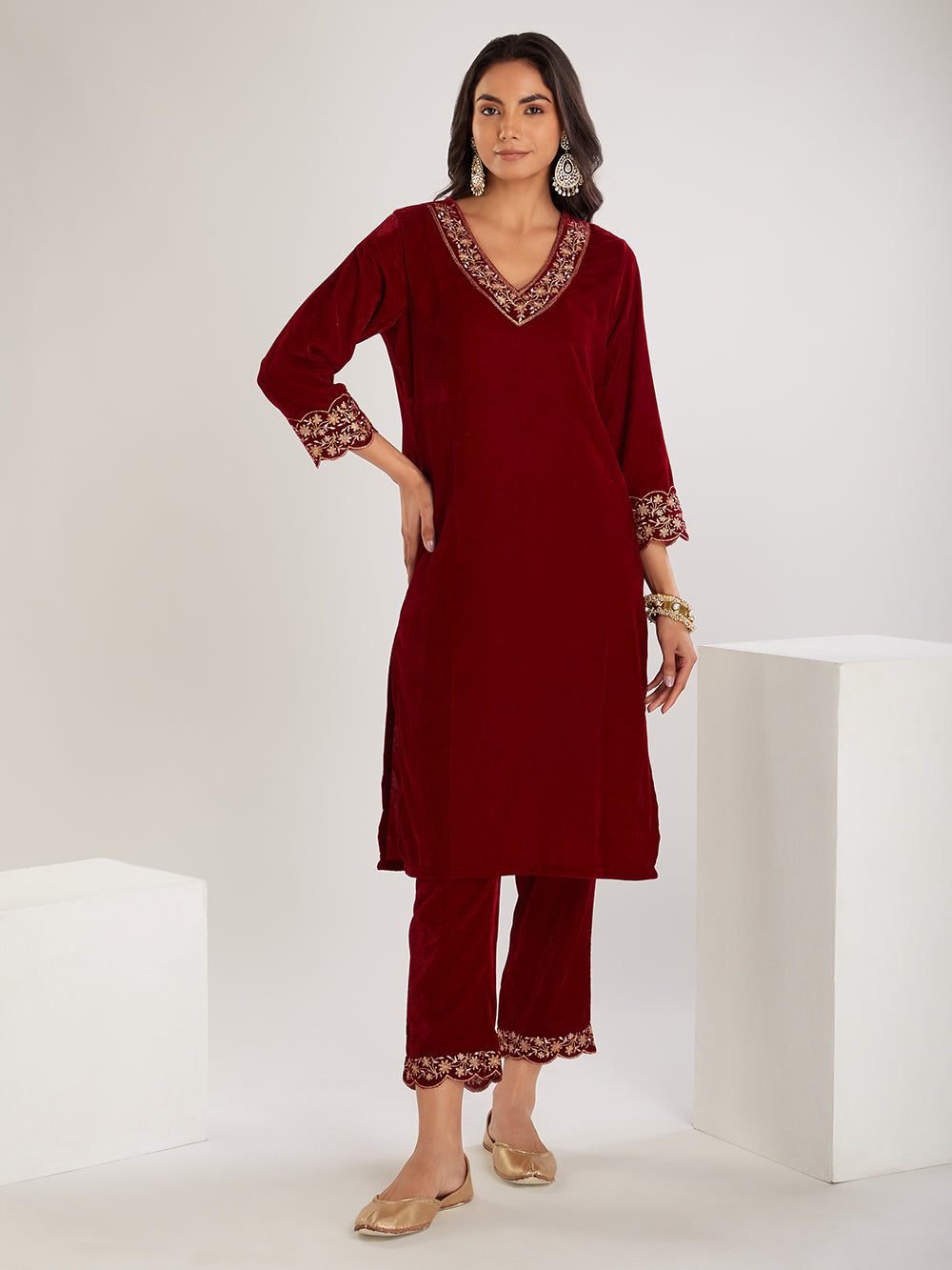 Maroon  Embroidered Velvet Suit- Set of  3